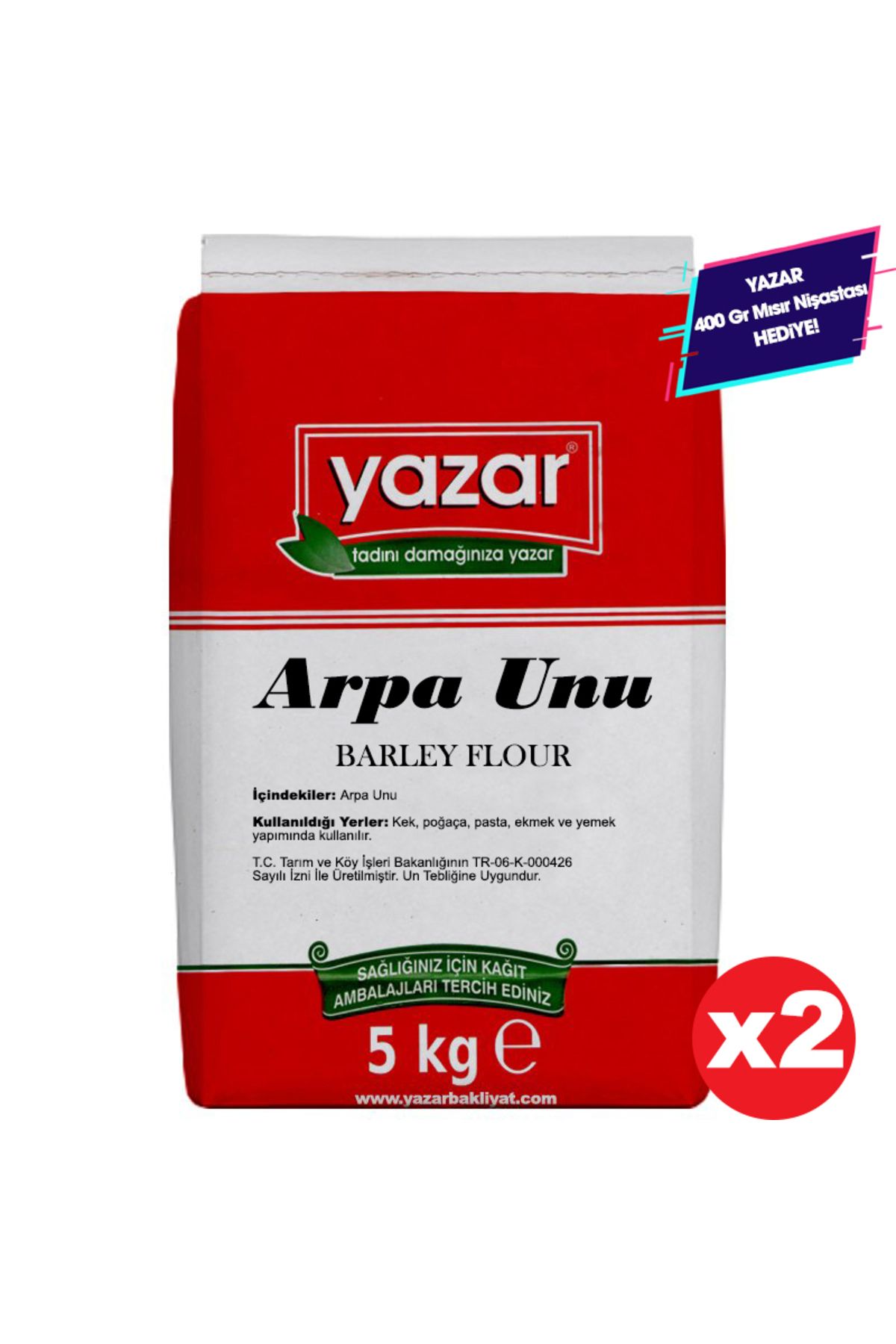 YAZAR Taş Değirmende Öğütülmüş Arpa Unu 5 Kg X 2 Paket