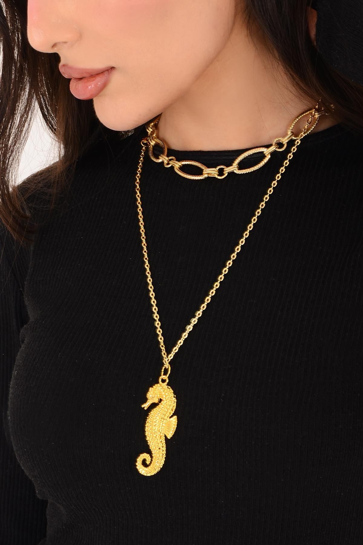 PİNKMARK-Pinkmark Women - Gold Color Double Seahorse Charm Short Chocker Necklace Set Pmkl25600 2