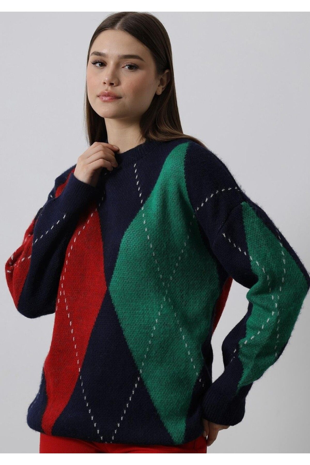 Reyon-Women's Red Green Navy Blue Diamond Patterned Knitwear Sweater 2