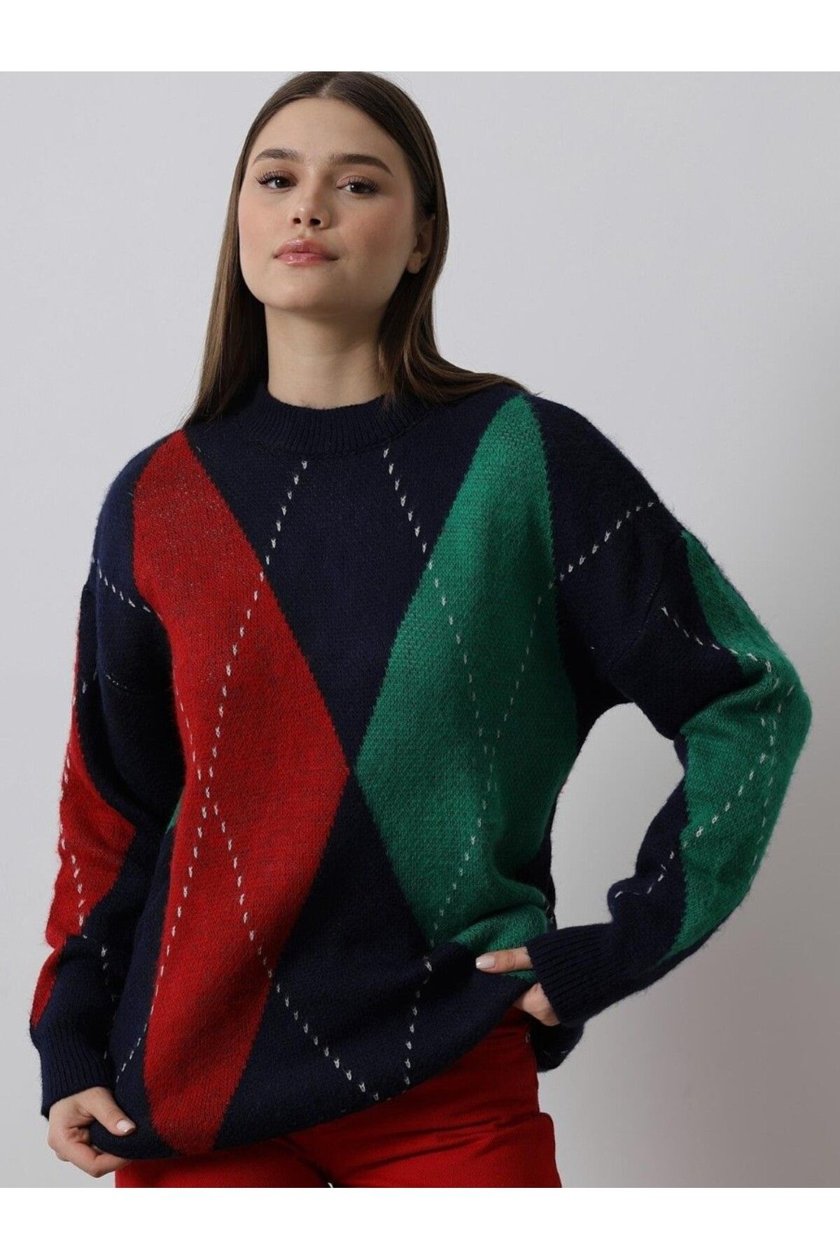 Reyon-Women's Red Green Navy Blue Diamond Patterned Knitwear Sweater 1