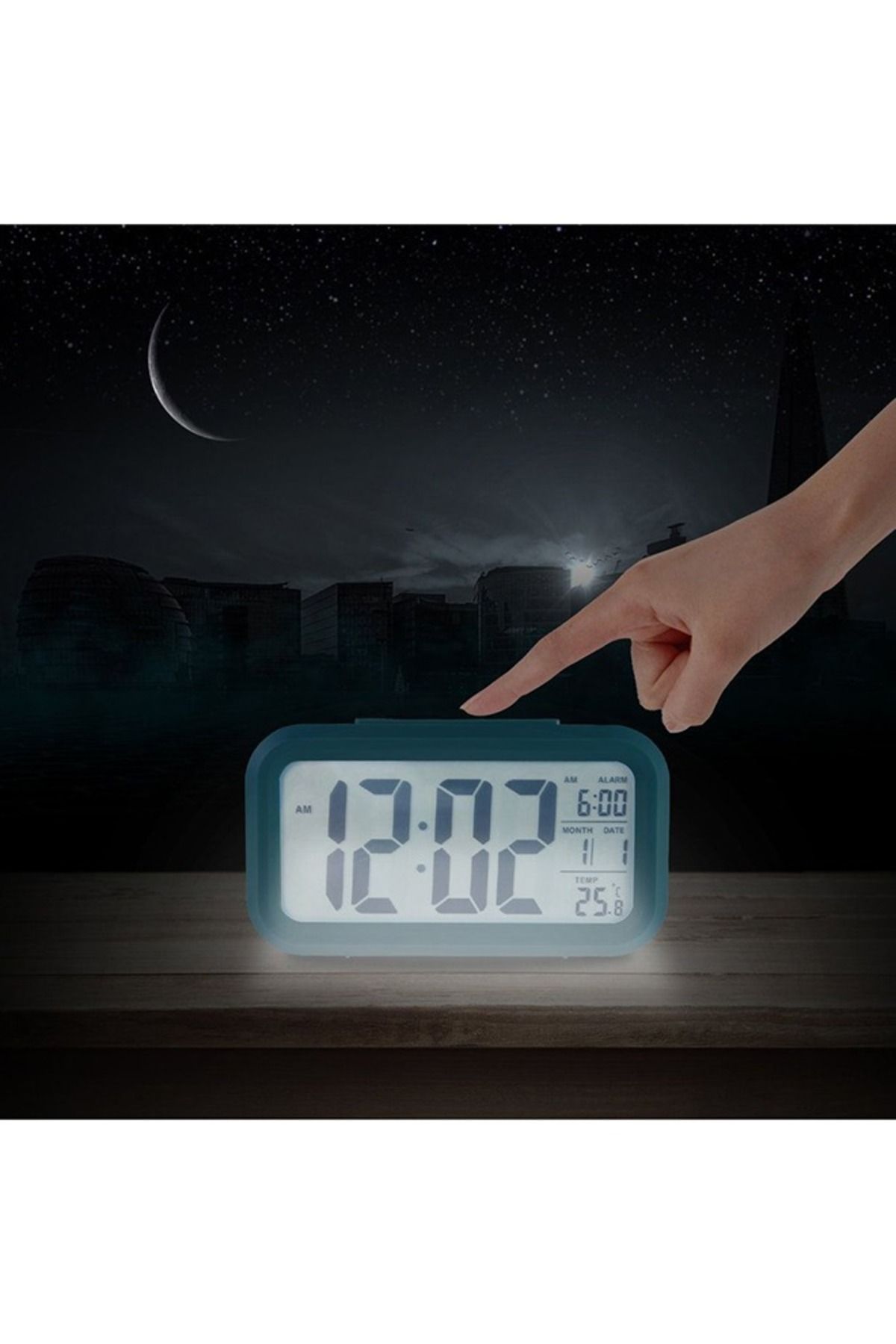 Generic-Electronic digital LED alarm clock, showing temperature and calendar, blue 4