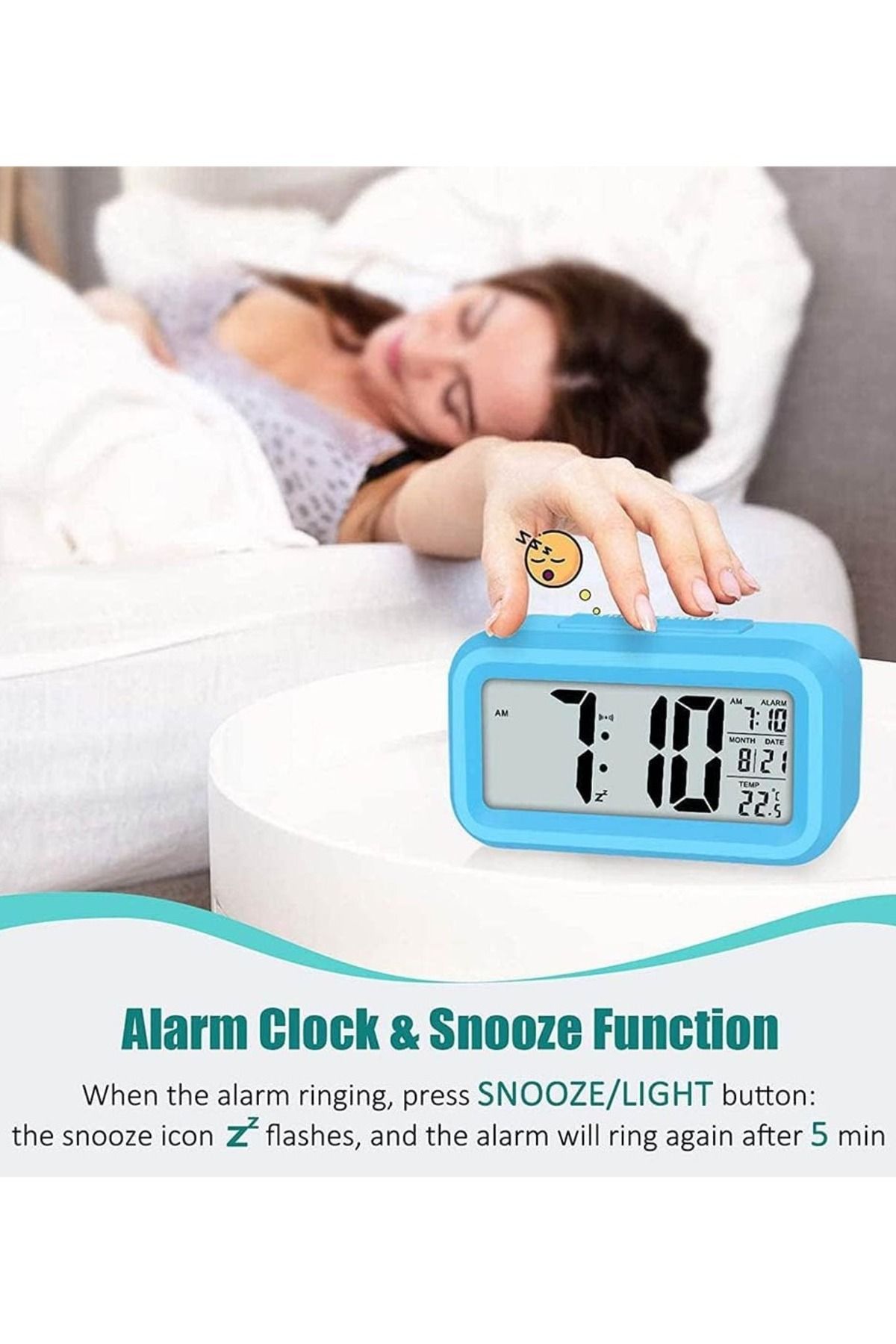 Generic-Electronic digital LED alarm clock, showing temperature and calendar, blue 3
