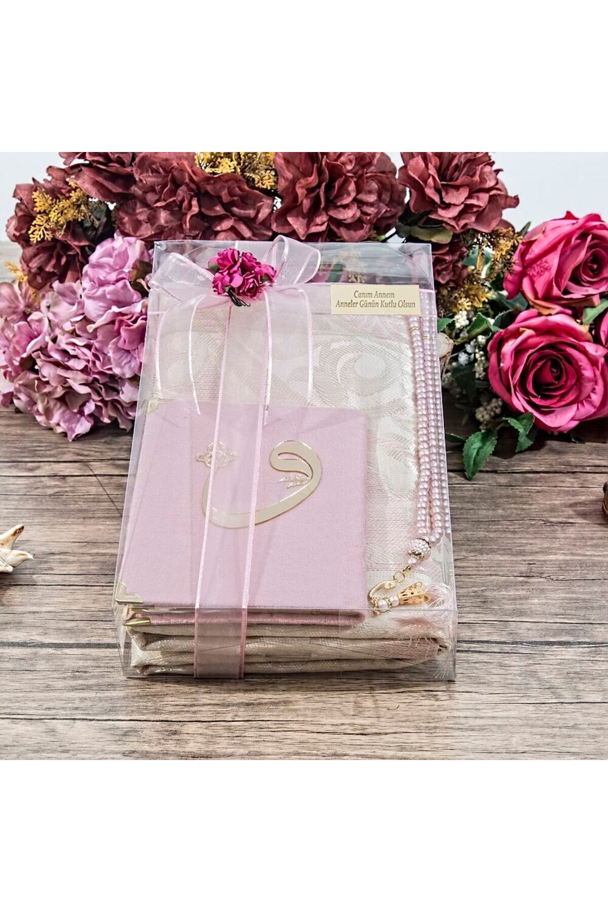 Silk Nur Prayer Sheet, Bag Size Velvet Yasin, Pearl Rosary, Decorated Gift Set Pink