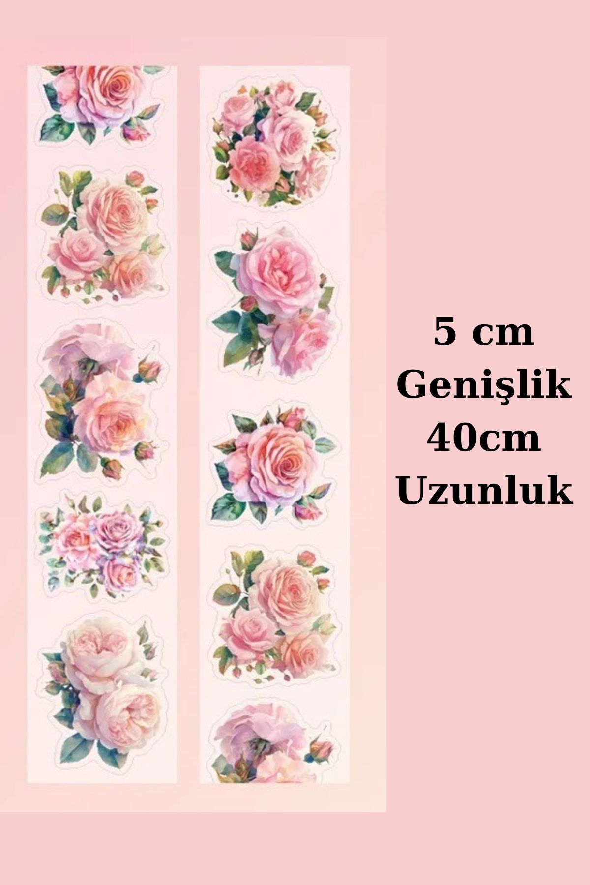 Mona Craftist Pembe Şeffaf Çiçek Sticker Kesimli Bant Pet Tape Döngü 5x40cm Scrapbook Bullet Journal Ajanda Gül