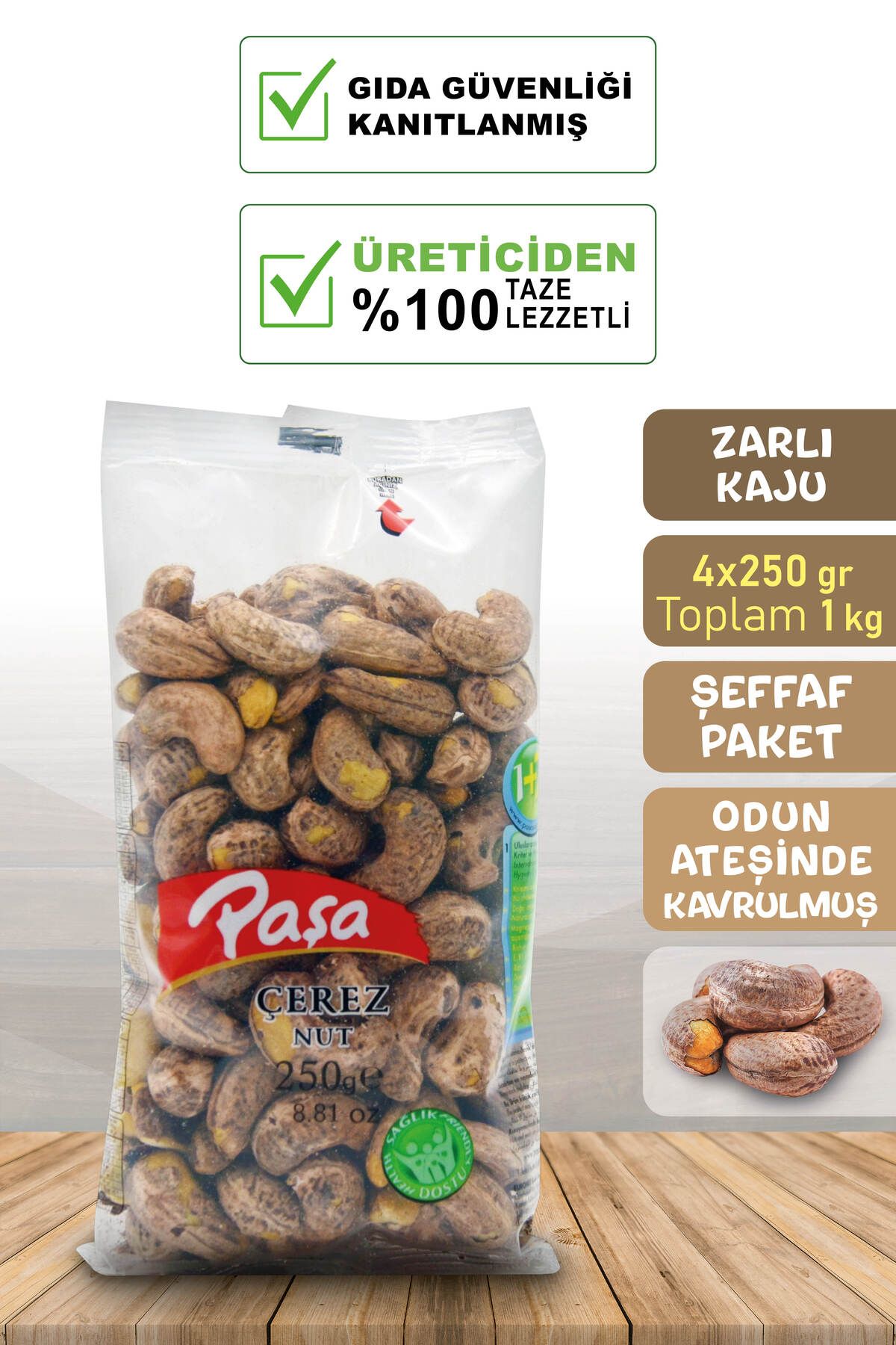 Paşa Kuruyemiş Odun Ateşinde Kavrulmuş Zarlı Kaju 250 gr X 4 Adet (1. KALİTE)