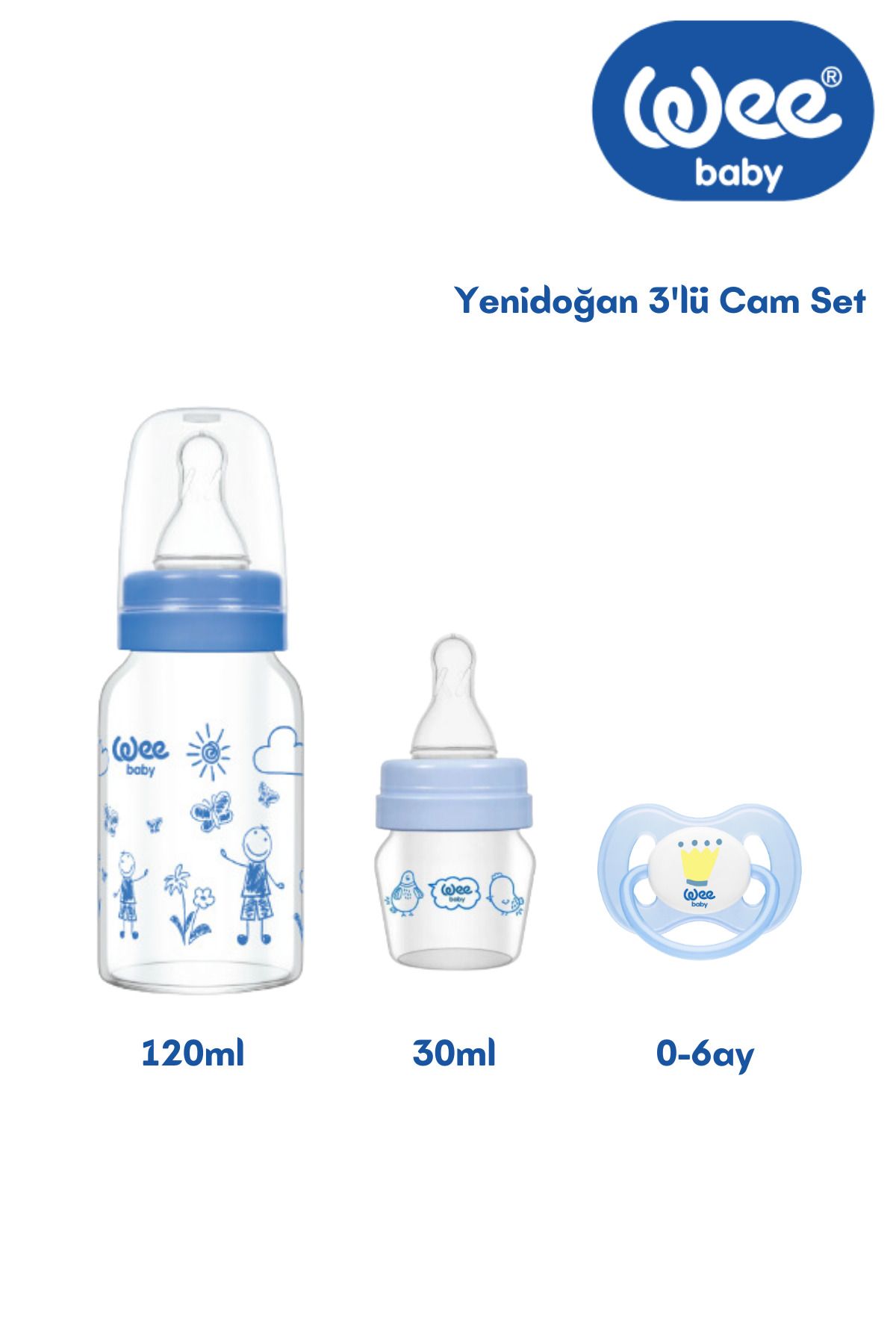 Wee Baby Yenidoğan Cam 3'lü Hediye Seti Mini Cam biberon, Isıya dayanıklı Biberon , Kelebek Emzik Mavi