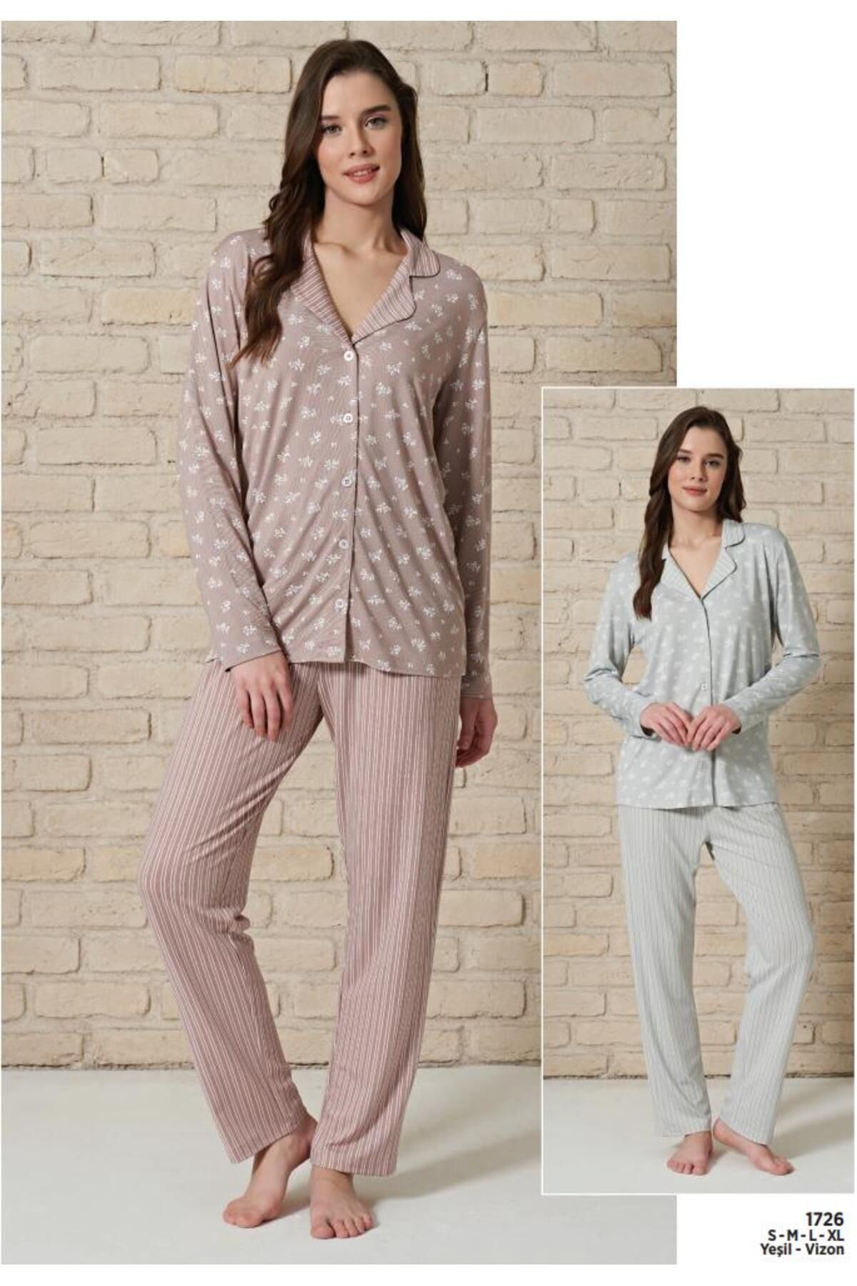 Pijadore-Women's Mink Button Front Viscose Long Sleeve Pajamas Set 1726 2