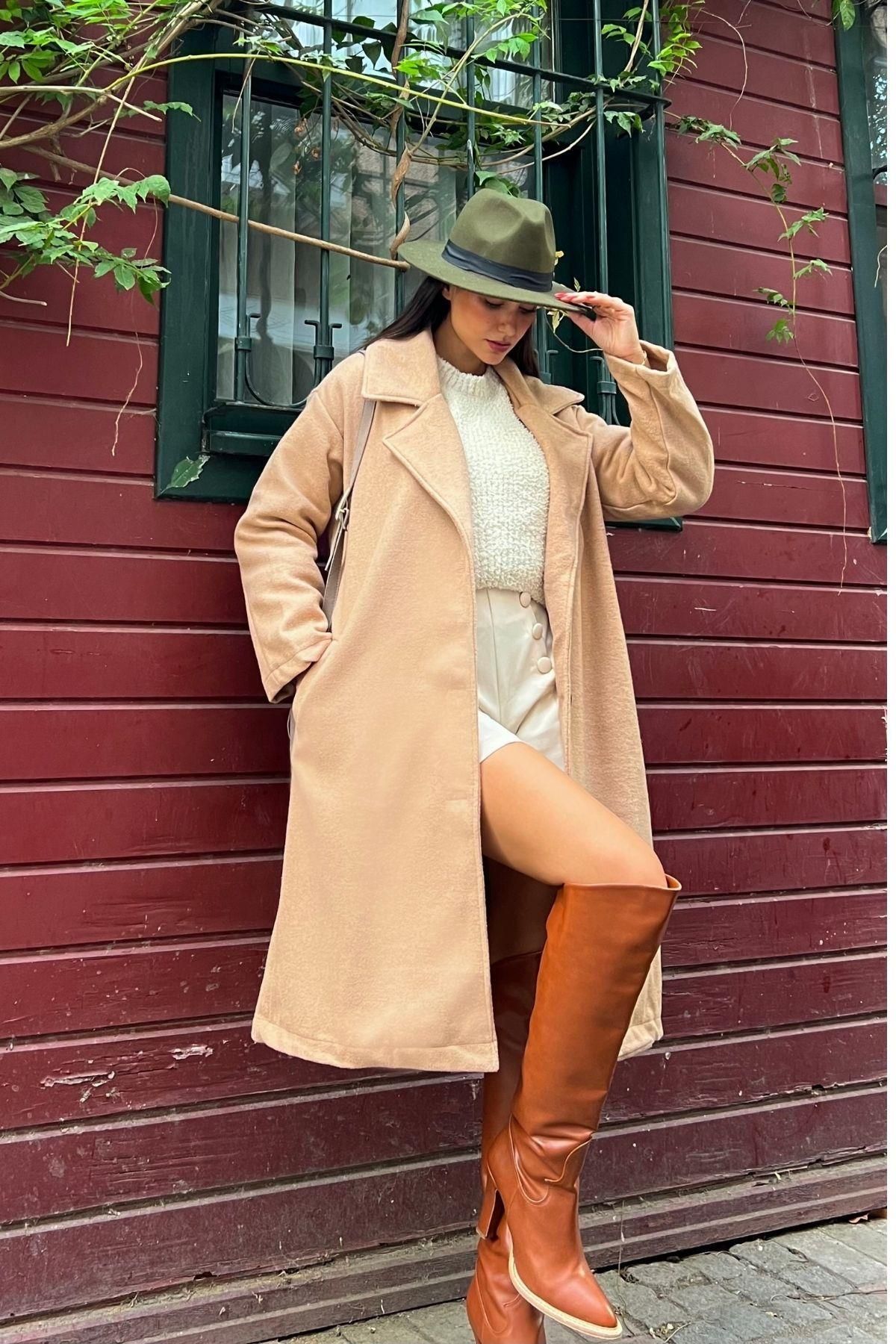 Mossta-Basic Buttoned Pocketed Long Stamp Coat Tan 3