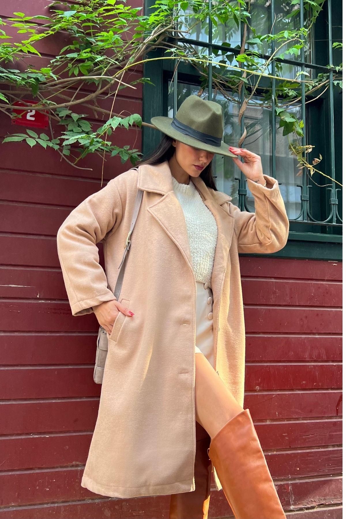 Mossta-Basic Buttoned Pocketed Long Stamp Coat Tan 2