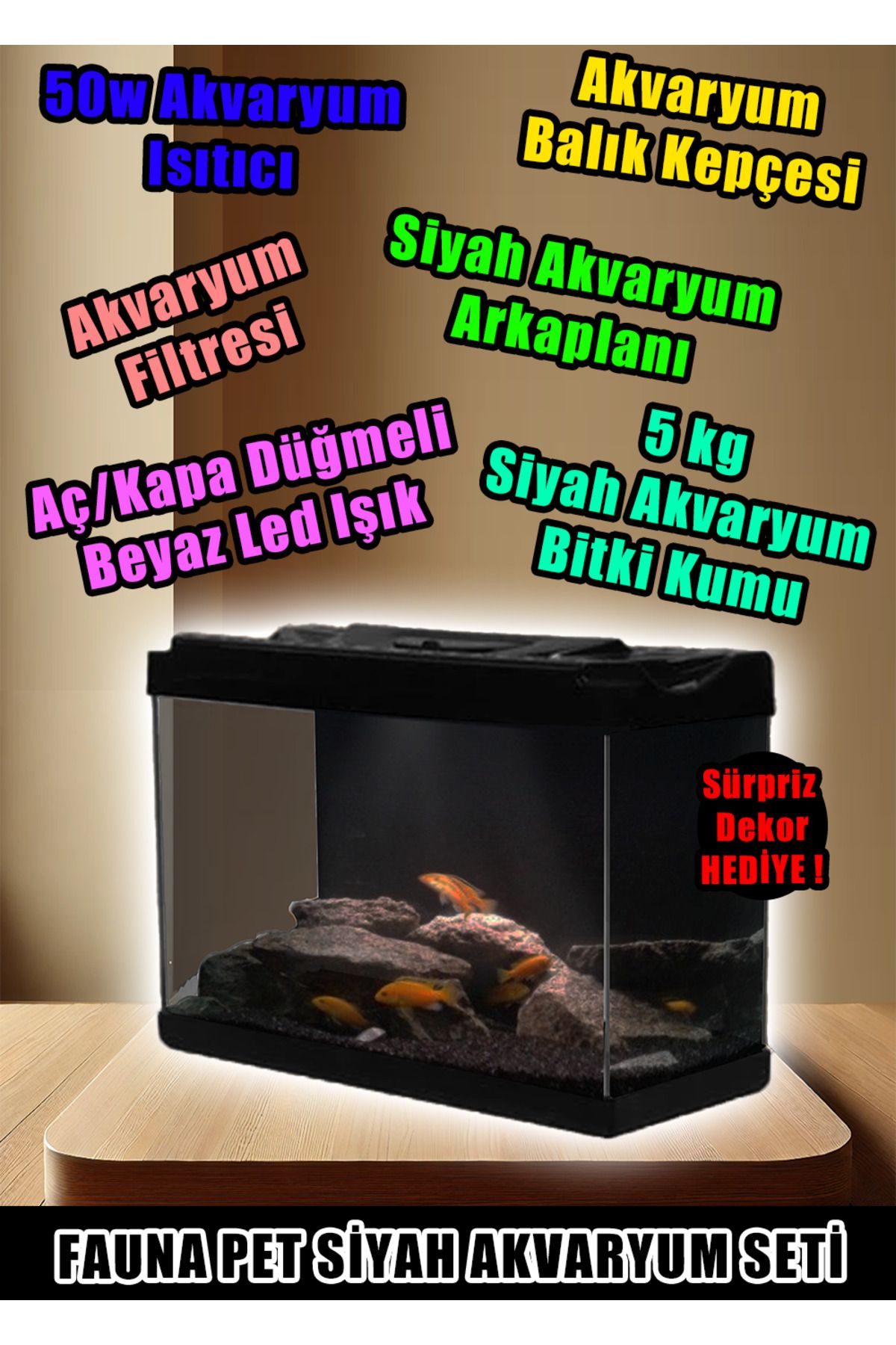 Fauna Pet Supplies Siyah Akvaryum Seti - Komple Donanımlı ve Hediyeli (50cm)