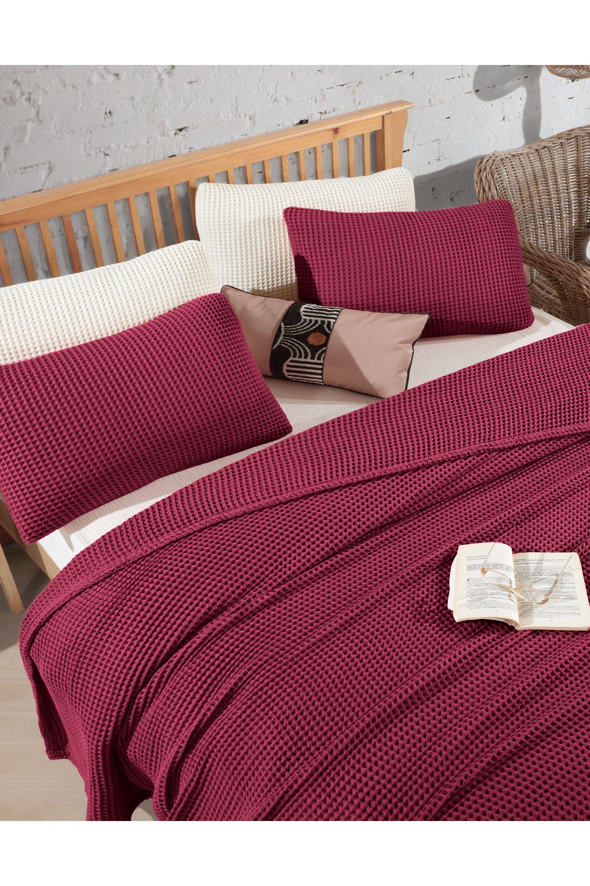 destinyhometex-Waffle Patterned 100% Cotton Double Bed Set Without Fringe - 220X240Cm/2 Pillowcases 50X70Cm 3