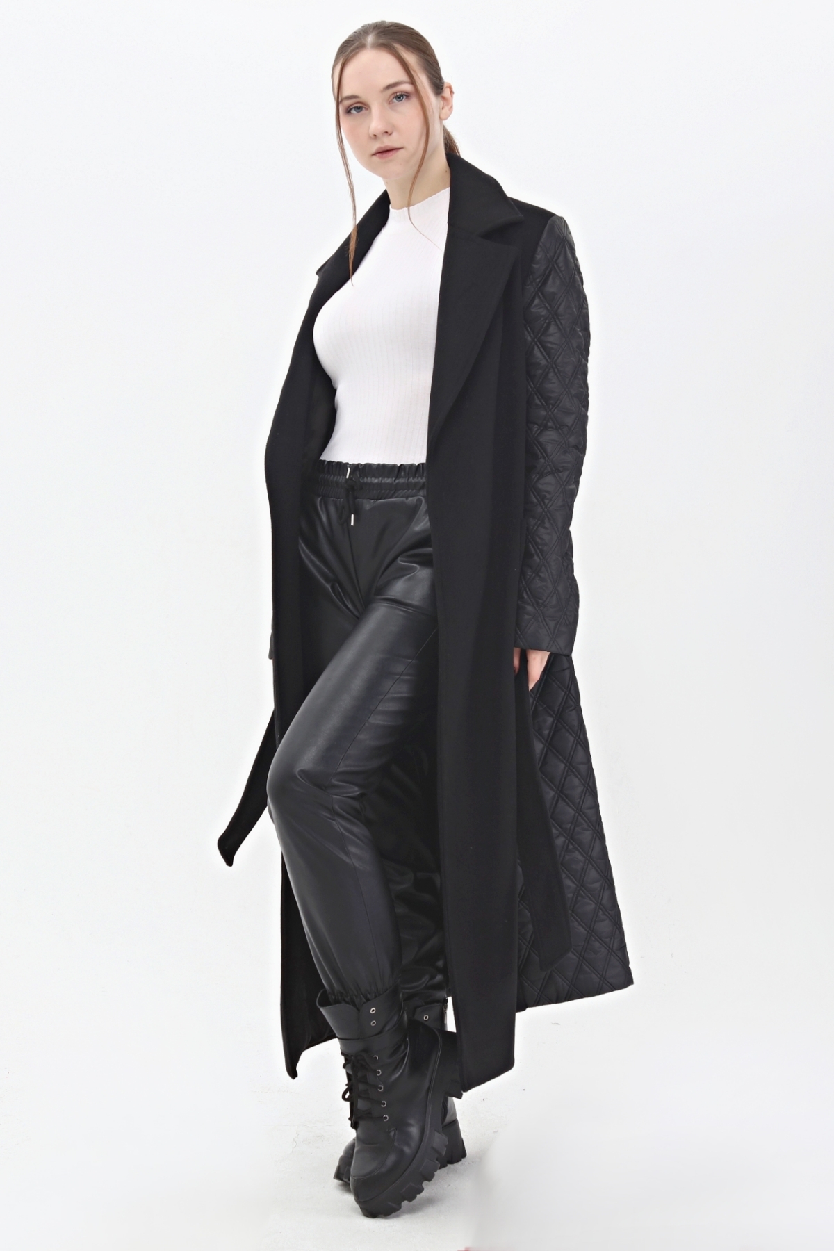 Veger  Kaşe Kapitone Karışık Uzun Özel Tasarım Palto - Görsel 7