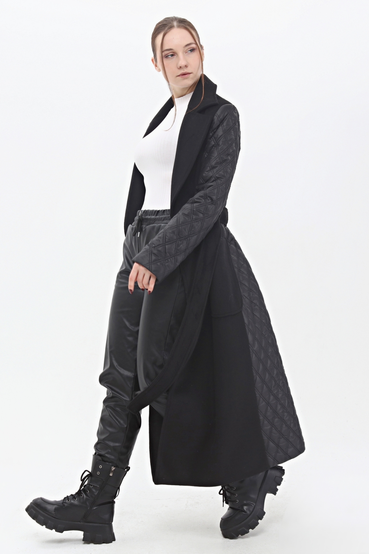 Veger  Kaşe Kapitone Karışık Uzun Özel Tasarım Palto - Görsel 3