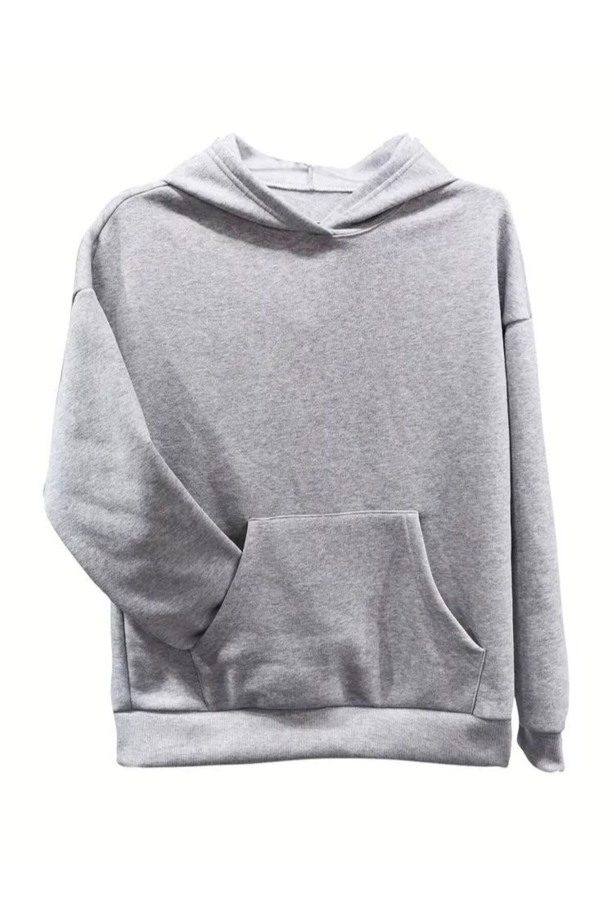 Gri Şardonlu Bay Kanguru Cepli Kapüşonlu Sweatshirt
