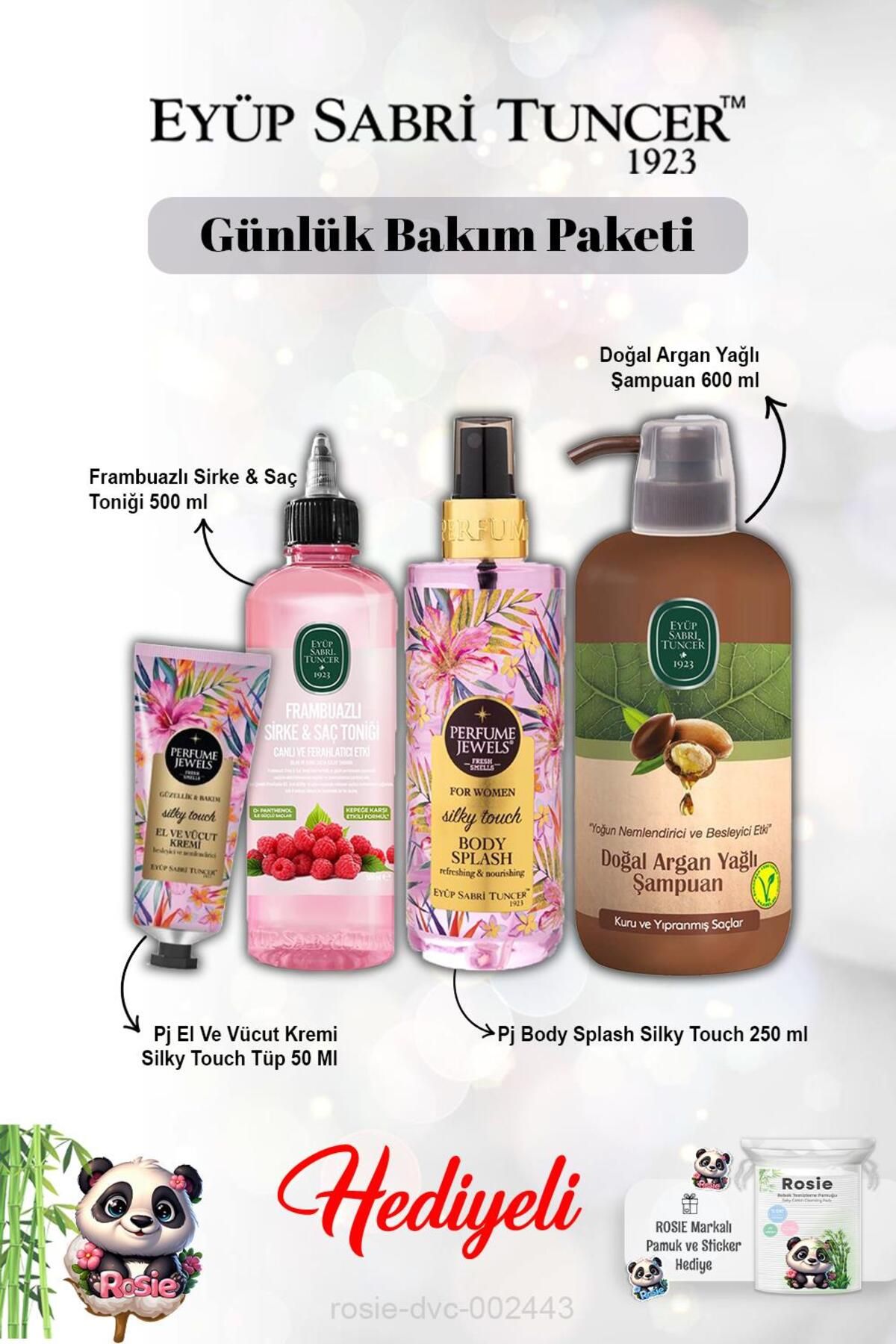 Eyüp Sabri Tuncer Argan Şampuan, Frambuaz Tonik, Vücut Spreyi Splash Silky Touch ve Kremi ve Rosie