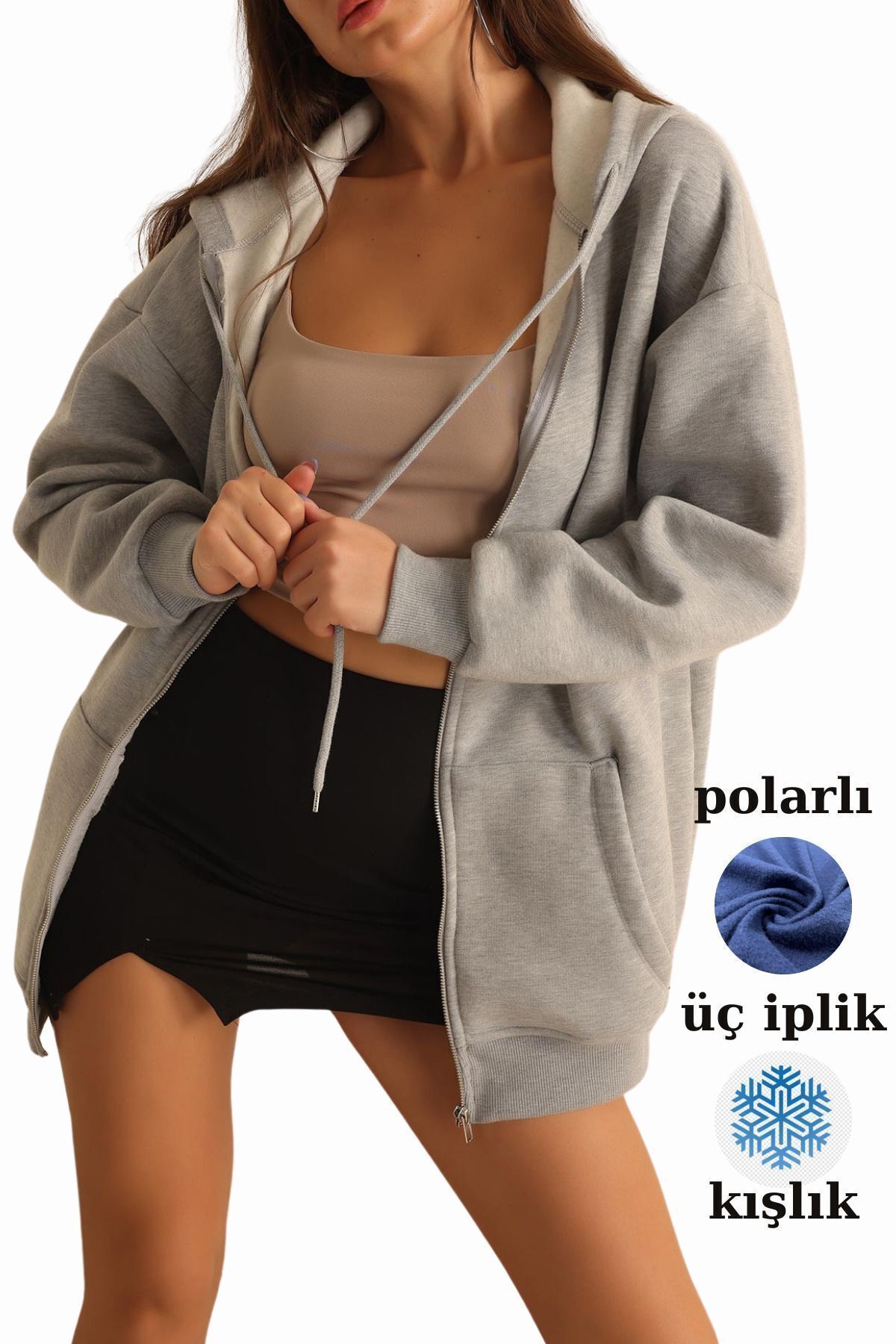 LUCEAT&PAMPER Gri Fermuarlı Kışlık Oversize Sweat Hırka