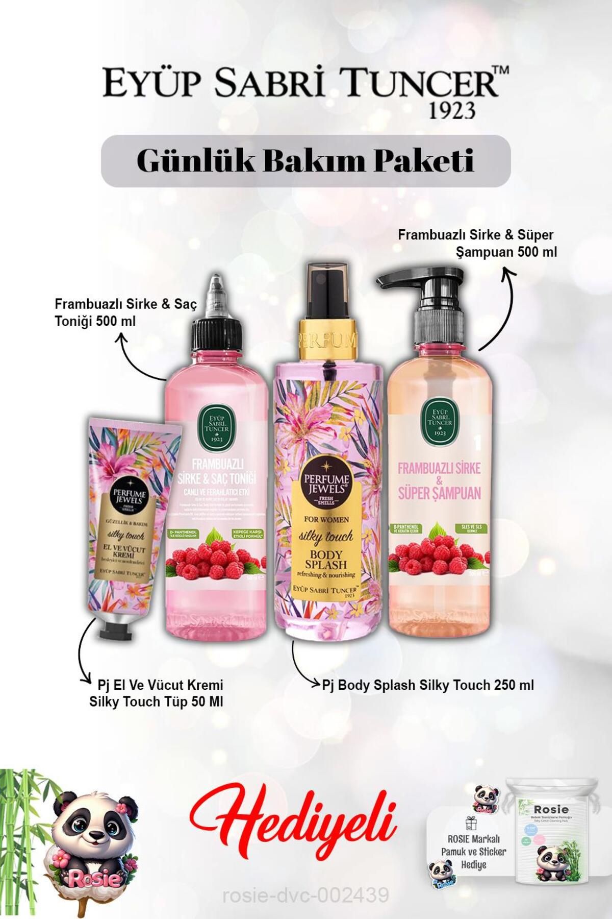 Eyüp Sabri Tuncer Şampuan ve Tonik Frambuazlı,Vücut Spreyi Splash Silky Touch ve Kremi ve Rosie