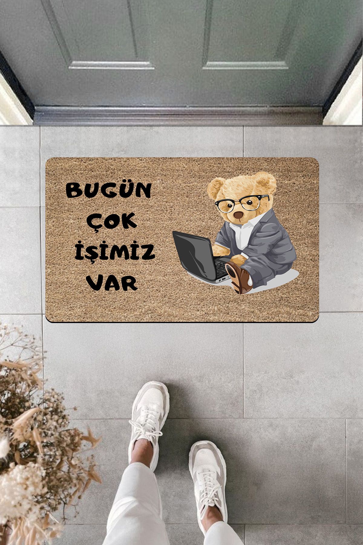 Dormot Home-High Quality Digital Printing Business Man Teddy Bear'We Have Many Work Today' Message Door Front Mat 1
