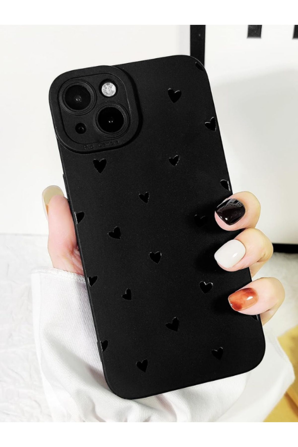 KVK PRİVACY-iPhone 13-14 Compatible Case Matte Black Heart Pattern Shockproof Soft Camera Protection Cover 3