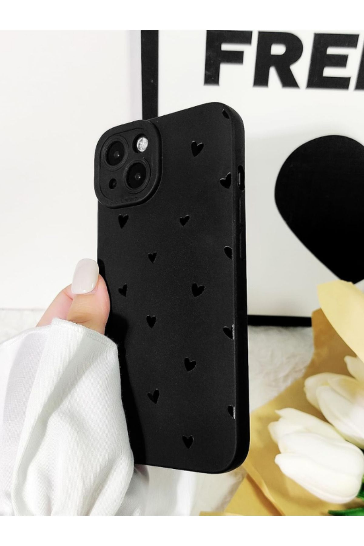 KVK PRİVACY-iPhone 13-14 Compatible Case Matte Black Heart Pattern Shockproof Soft Camera Protection Cover 4