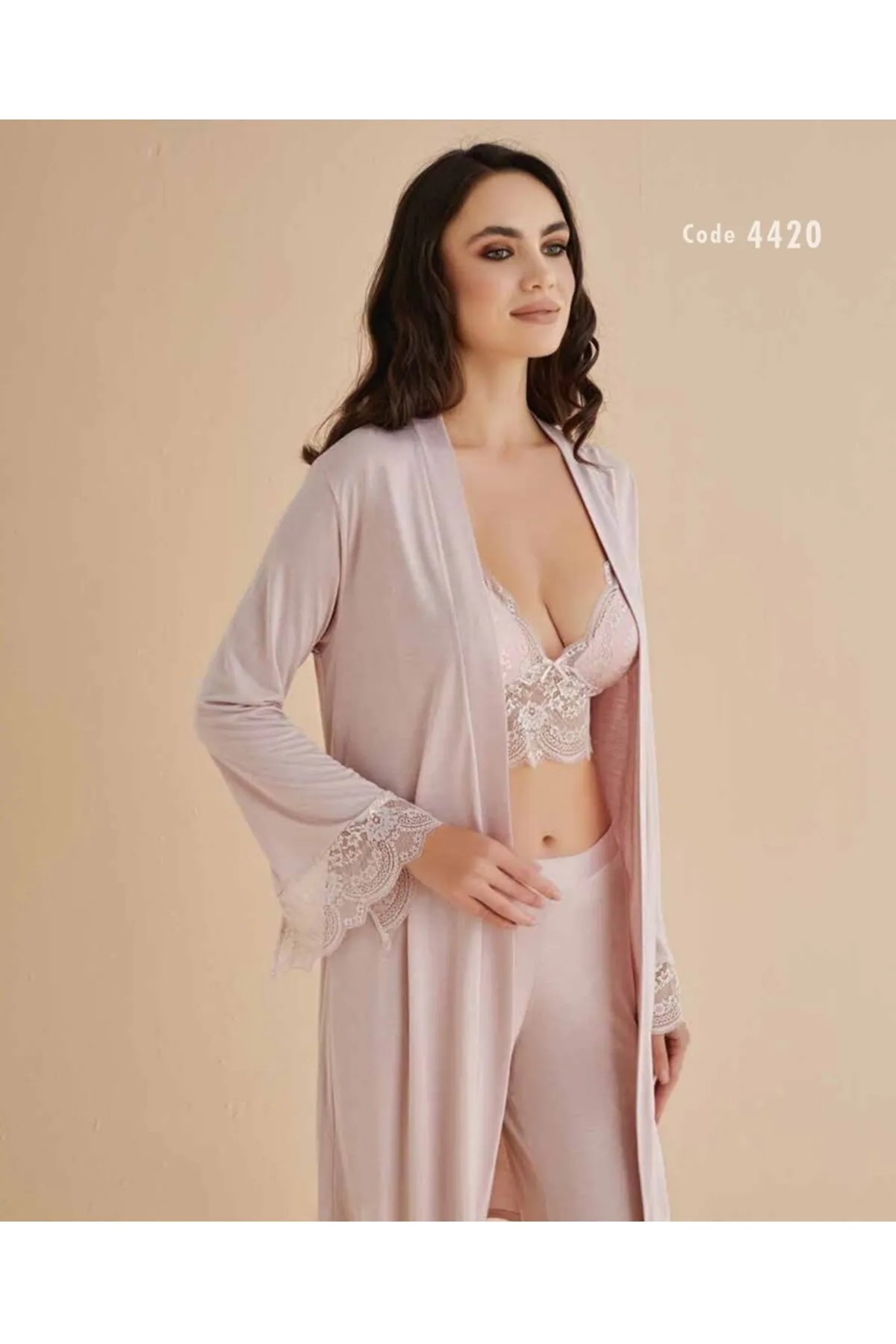 ROZELT Kadın Pudra  Pamuklu Gecelik Sabahlık Set