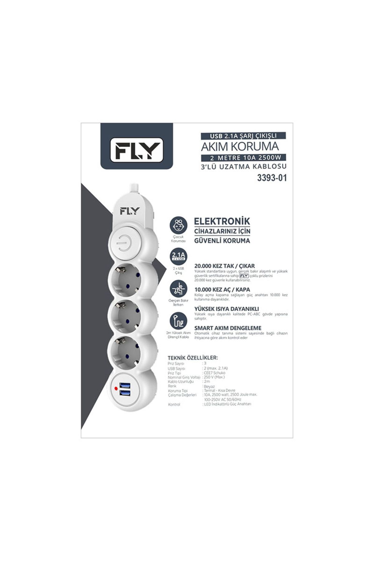 Fly--3393-01 Thermal Current Protected 3-Plug Socket 2 Usb 2m 2.1a Extension Cable 3
