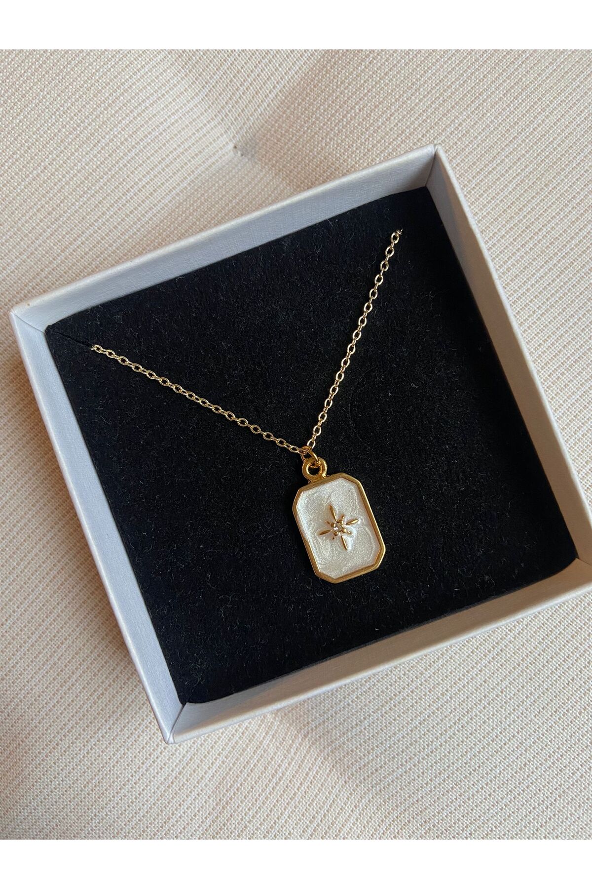 Sedef Kutup Yıldızı Altın Kaplama Plaka Gold Charm Kolye Sevgililer Günü Özel