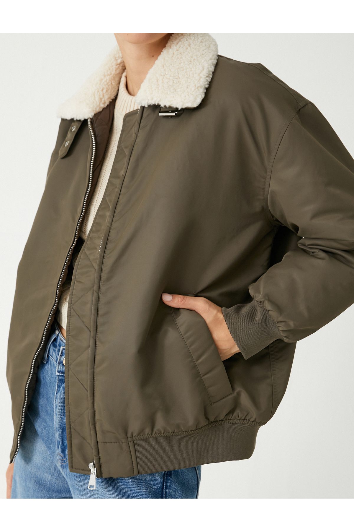 Koton-New Season Faux Leather Bomber Jacket - Fur Detailed Zippered Pocket Collar 5