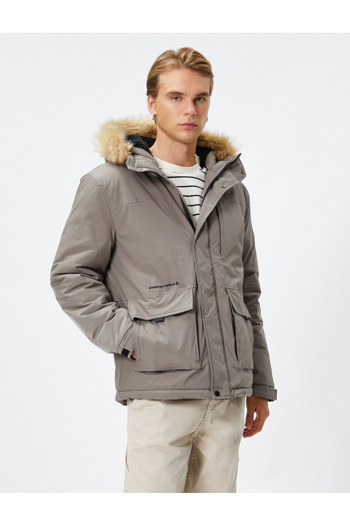 Koton-Down Jacket with Stand Collar and Zipper - Label Print and Pocket Detail 3