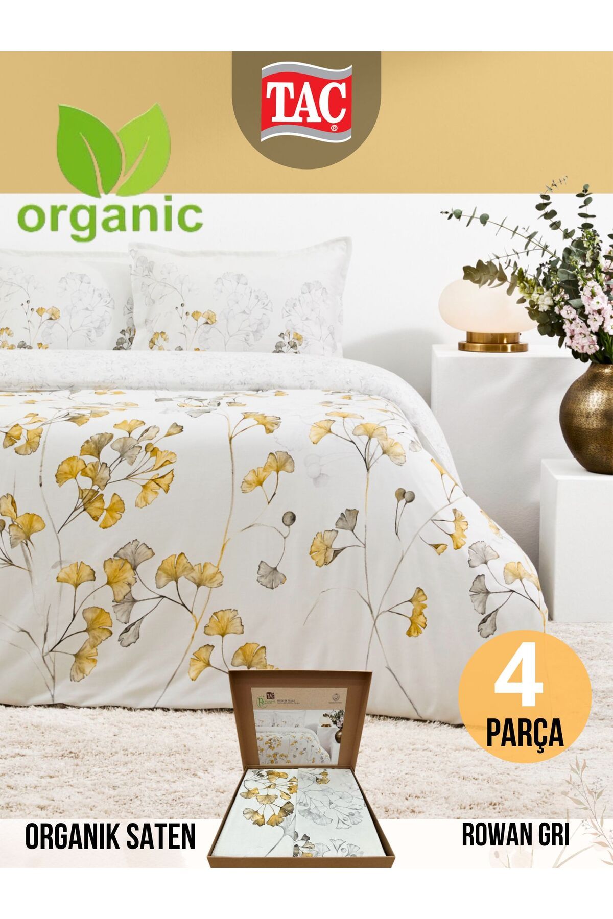 Taç-Rowan Gray Organic Cotton Satin Double Bedding Set 1