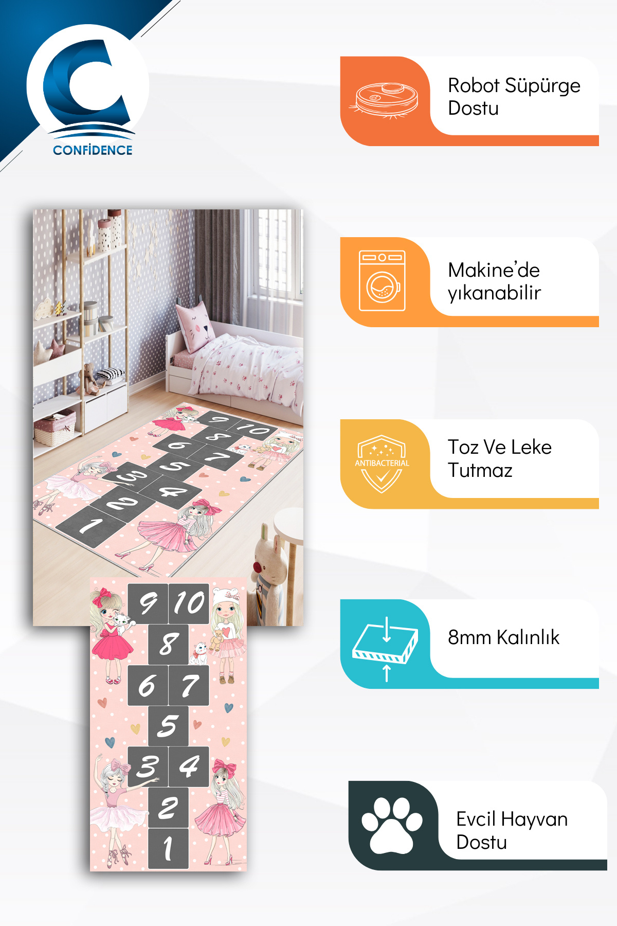 Confidence Home Makinede Yıkanabilir Kaymaz Taban Leke Tutmaz Seksek Desenli Bebek Ve Çocuk Halısı Oyun Matı fotoğrafı 2 (önizleme)