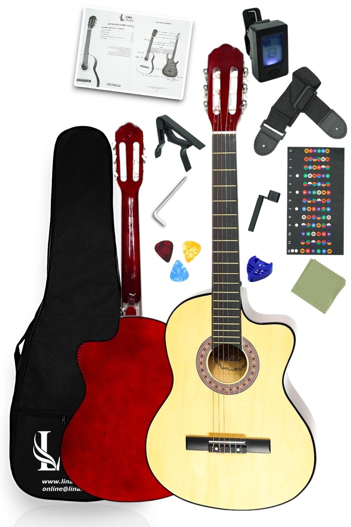 Furia CG-3901NT Klasik Gitar 4/4 Sap Ayarlı Kesik Kasa Full Set