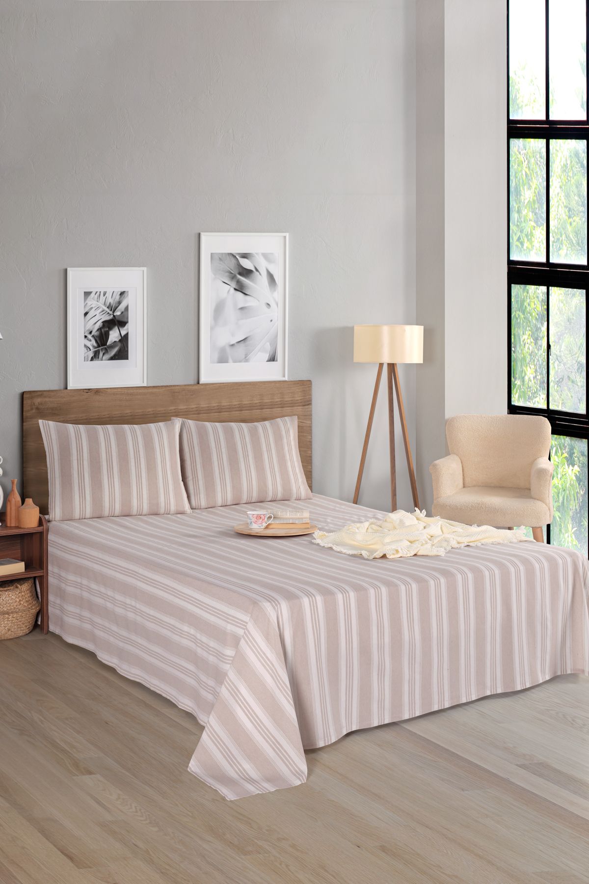 Eponj Home-Sport Beige Striped Sheet + Pillowcase Set - Double Soft Line 3