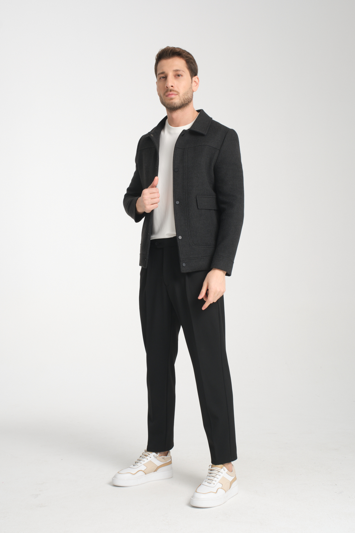 Çıtçıtlı Erkek Polo Yaka Kısa Kaşe Mont Slim Fit — خاکستری 9810 BERGAMO — تصویر 7 از 8