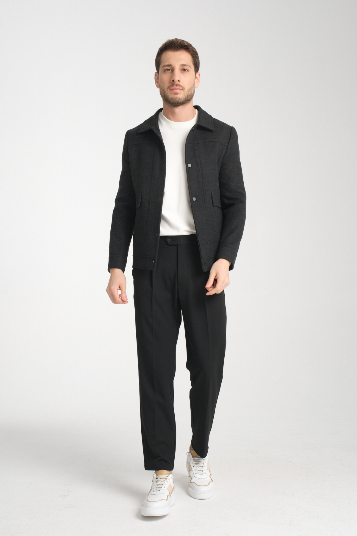 Çıtçıtlı Erkek Polo Yaka Kısa Kaşe Mont Slim Fit — خاکستری 9810 BERGAMO — تصویر 5 از 8