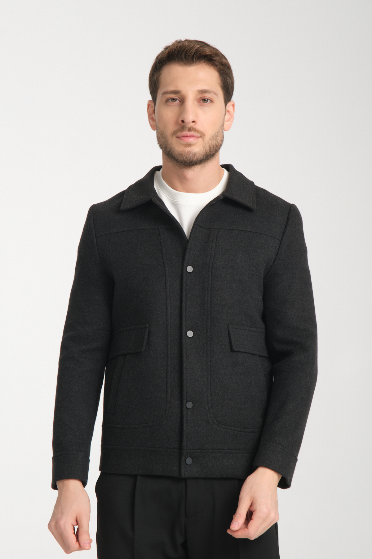 Çıtçıtlı Erkek Polo Yaka Kısa Kaşe Mont Slim Fit — خاکستری 9810 BERGAMO — تصویر 4 از 8