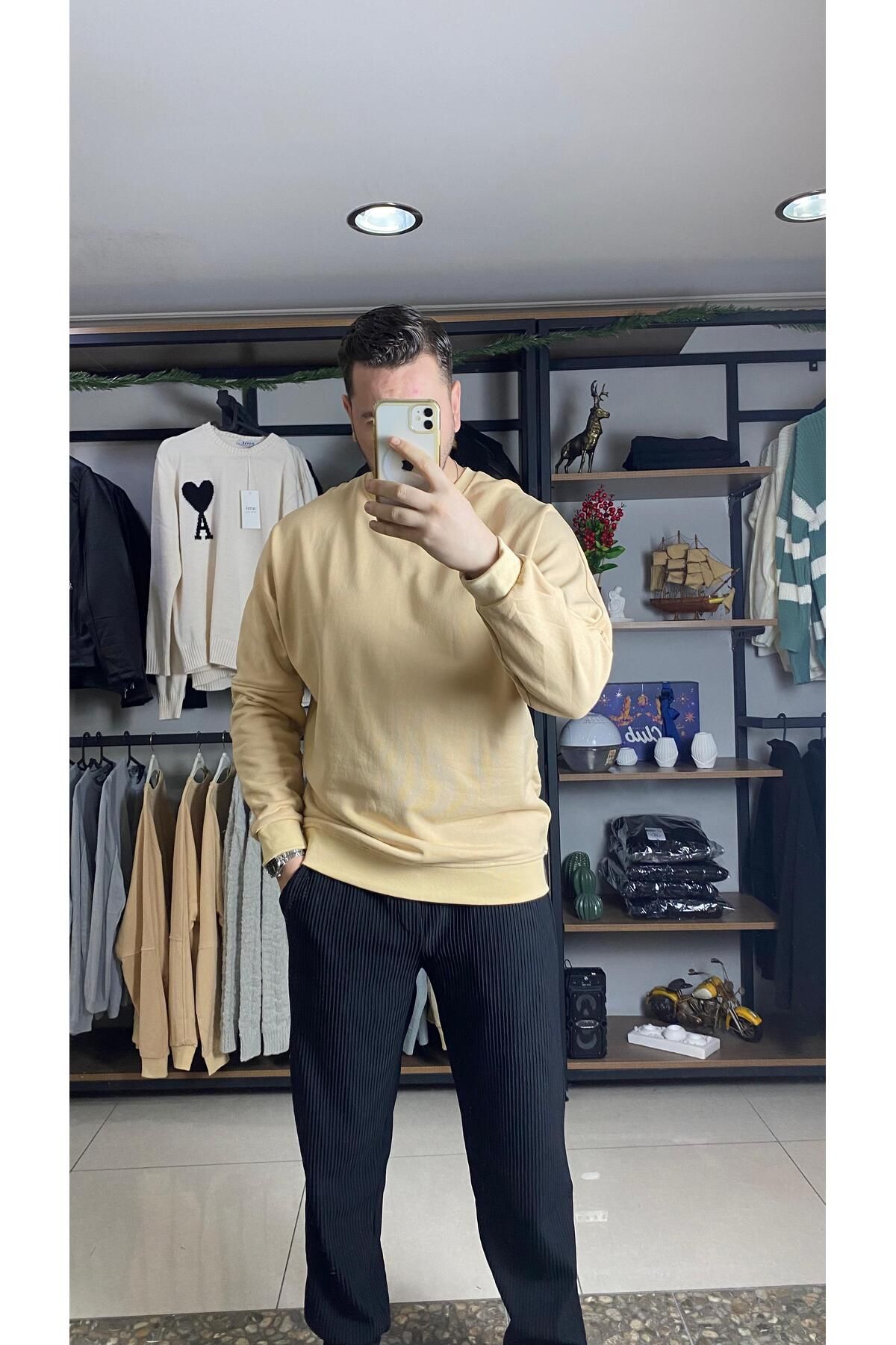 agmstore-Men's Yellow Oversize Cotton Sweater 2 Thread Comfortable and Stylish 2