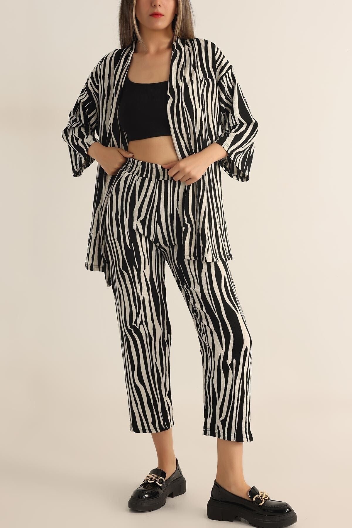 rşnmoda Kadın Zebra Desenli Kimono alt üst takım