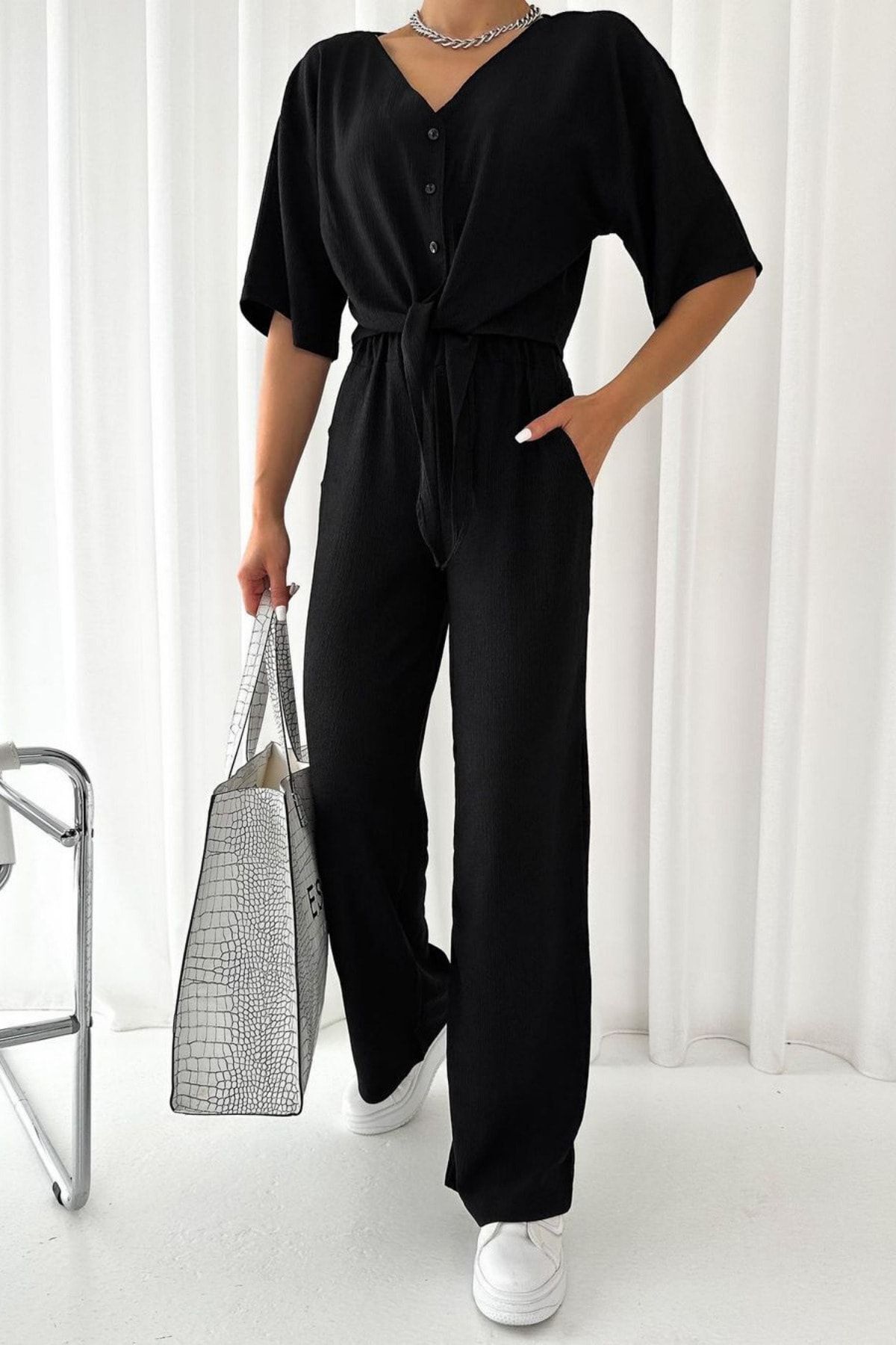 rşnmoda Siyah Önden bağlamalı Crop Palazzo Alt üst Takım