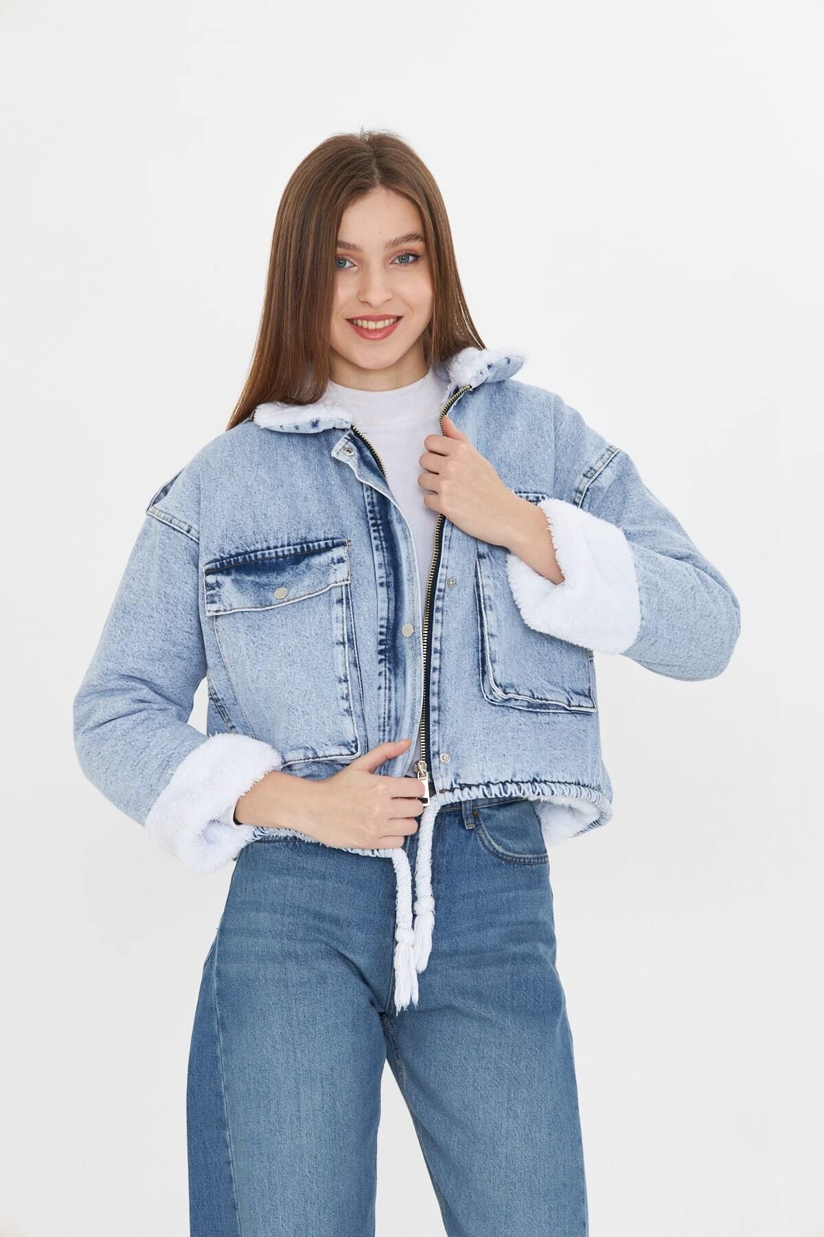 comstar-Denim Coat with Lapel Sleeves and Soft Plush Fur Inside 3