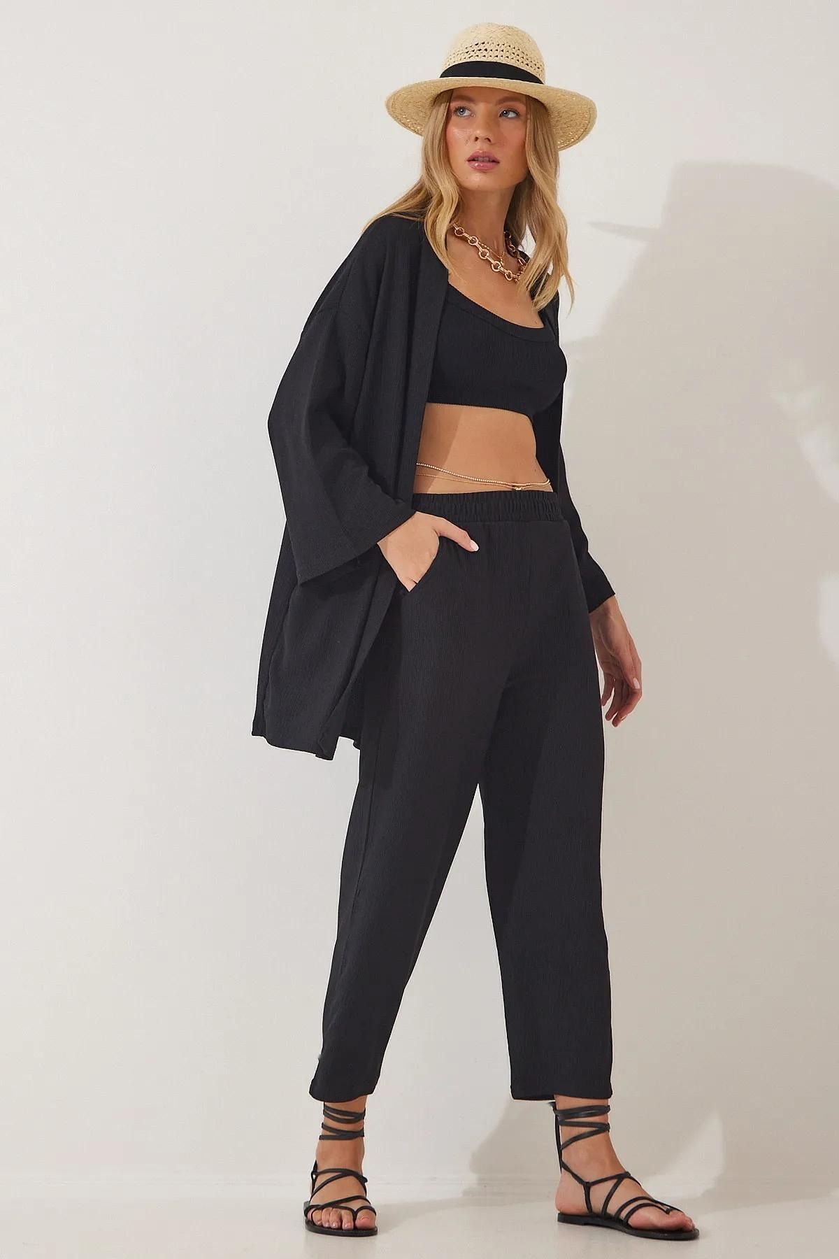rşnmoda Kadın Siyah Cepli Boru Paça Kimono Alt Üst Takım