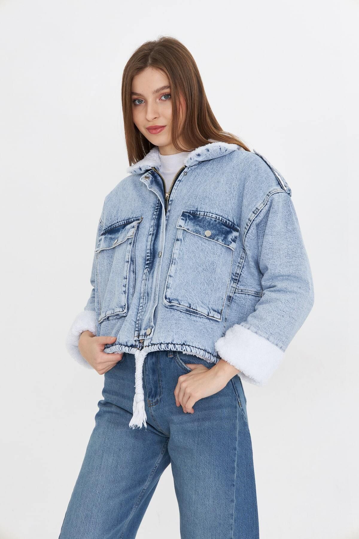 comstar-Denim Coat with Lapel Sleeves and Soft Plush Fur Inside 7