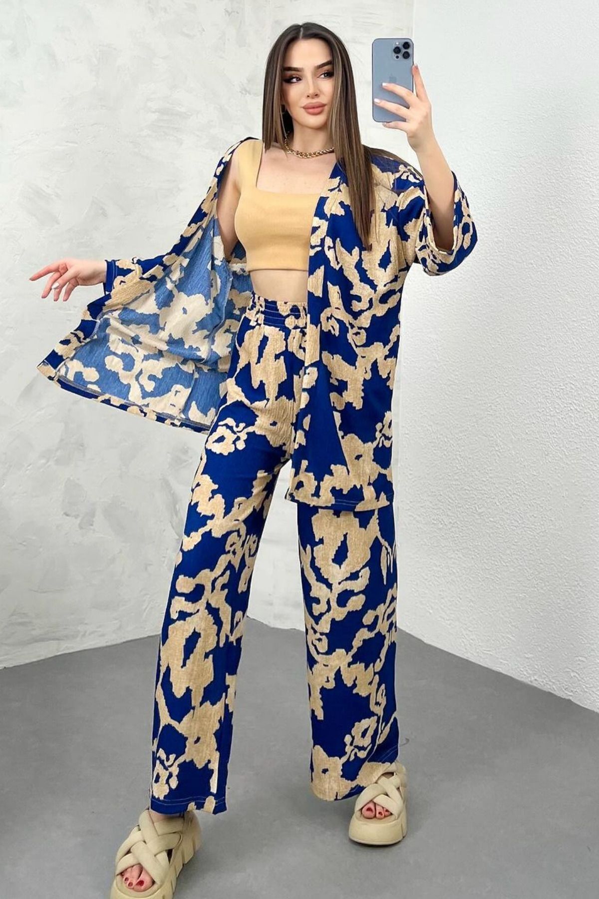 rşnmoda Kadın Mavi Desenli Bol Paça Palazzo Alt Üst Kimono Takım