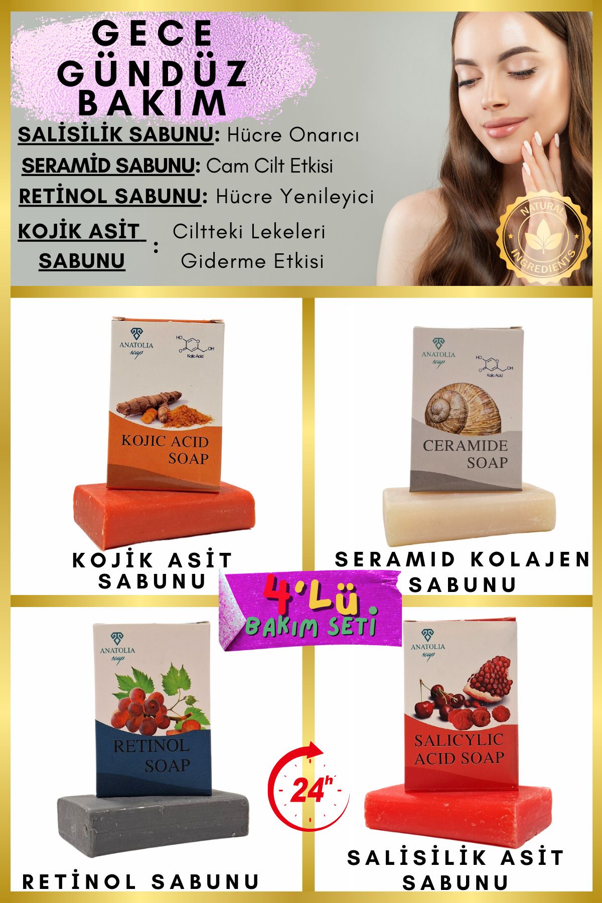 Anatolia Soap Kojik Asit Kolajen Seramid Salisilik Retinol (NP AP EOP) Sabunu Yüz Temizleyici Bakımı 4 adet