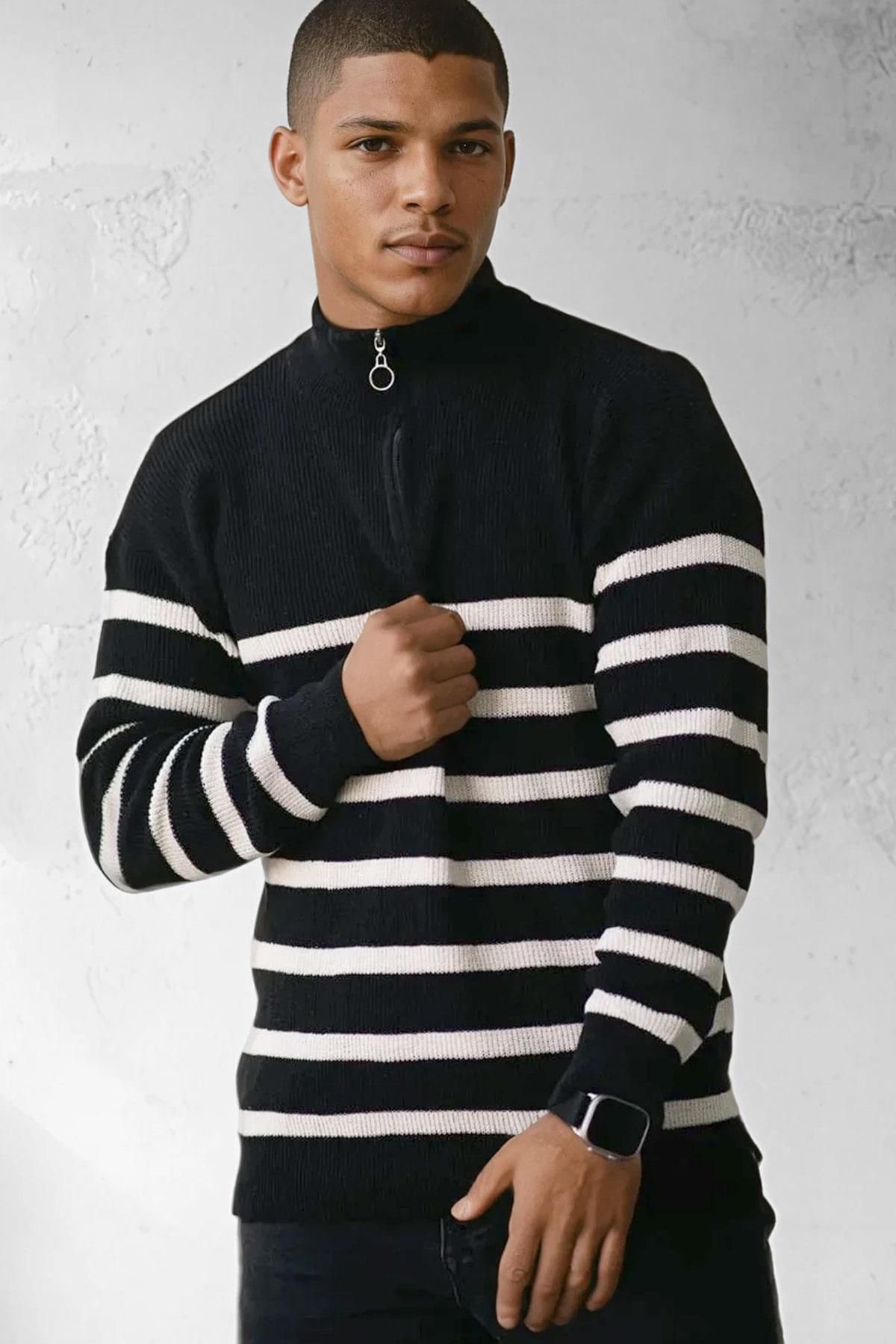 Millionaire-Men's Black Striped Zippered Turtleneck Sweater 2