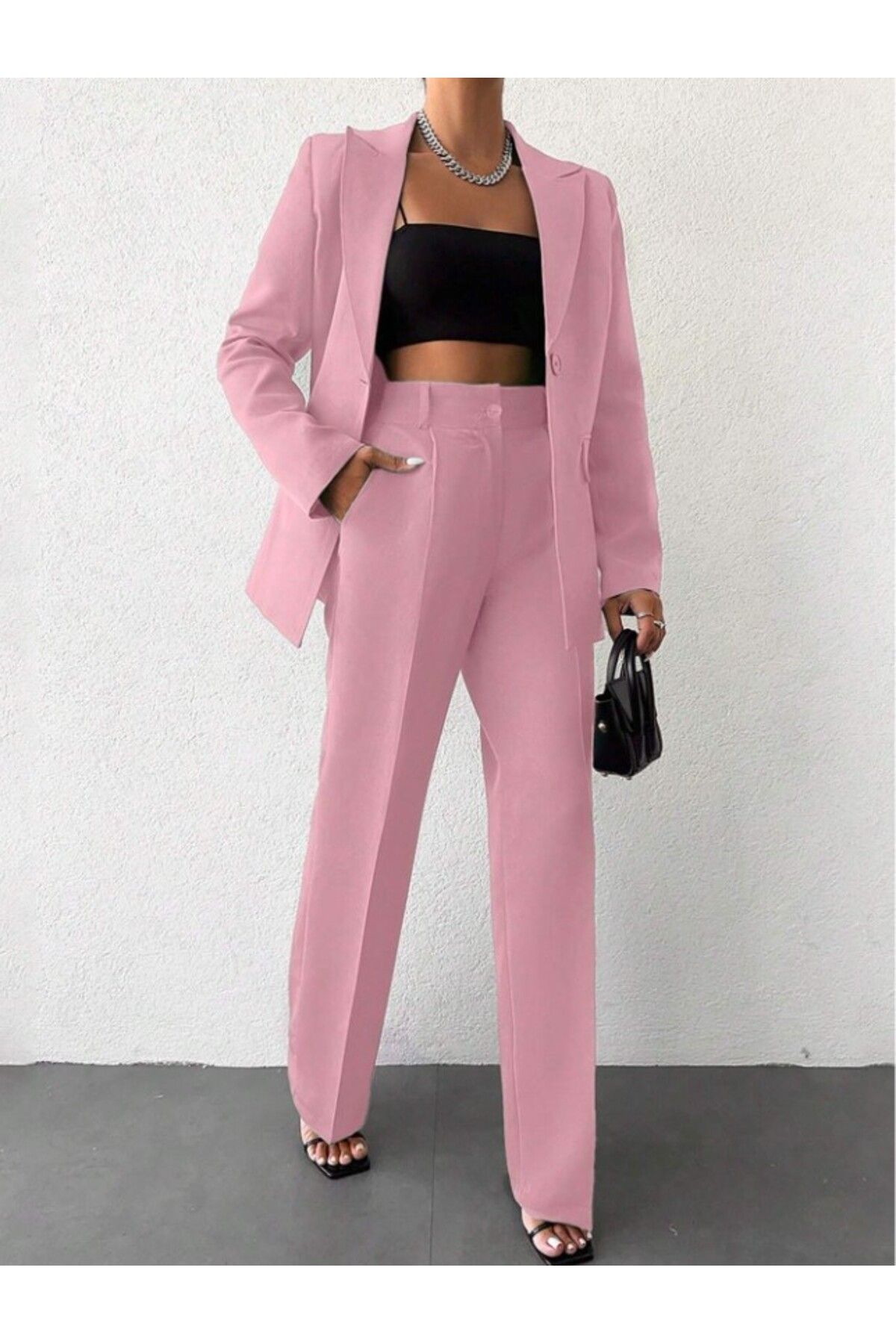 Female Clothing Pembe Astarlı Tek Düğme Blazer Ceket Cepli Bol Paça Pantolon Takım Elbise