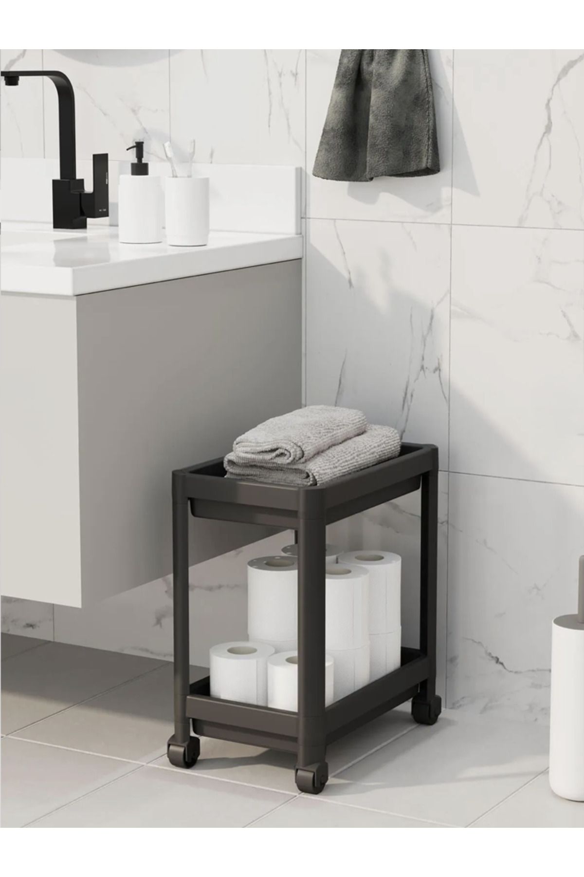 linmetal-2-Tier Organizer Shelf with Wheels, Kitchen Counter, under Sink and Detergent Holder 4