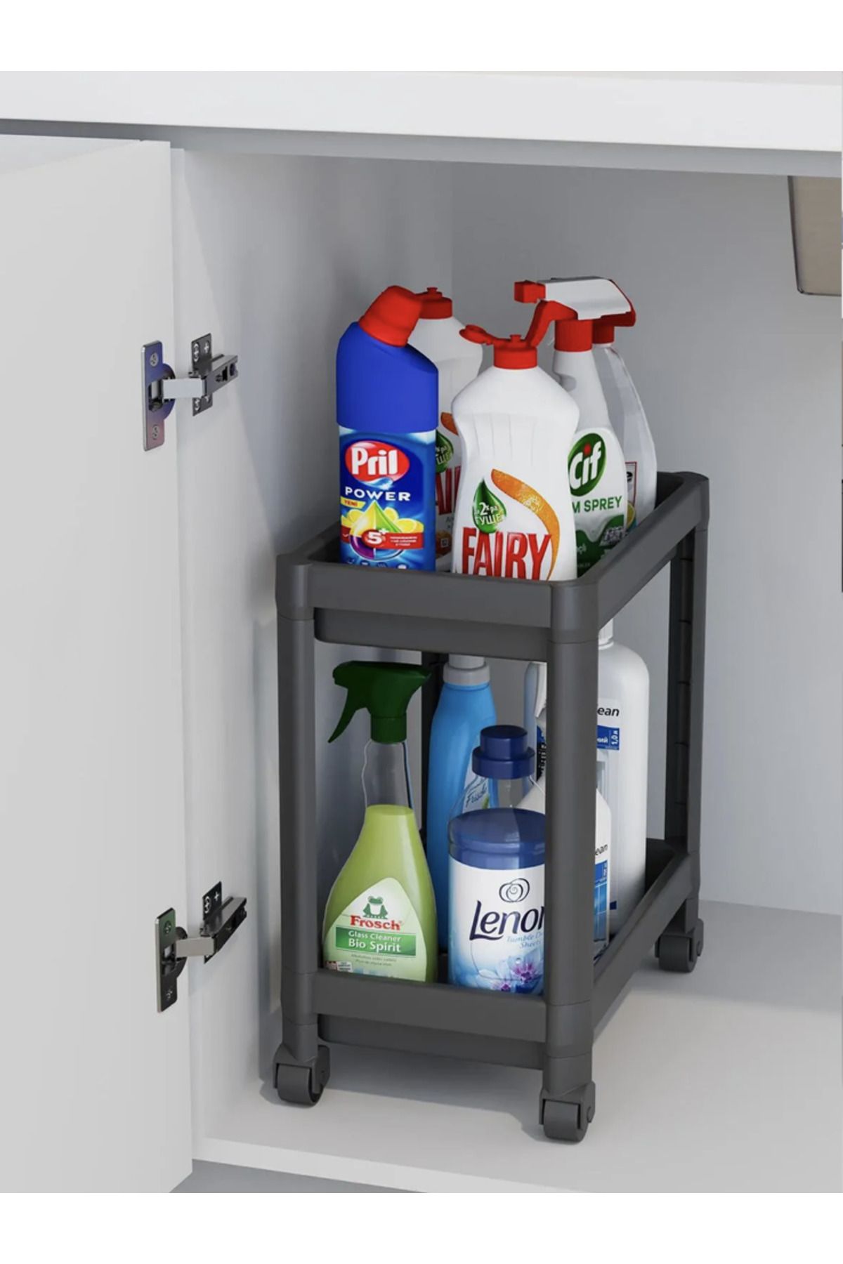 linmetal-2-Tier Organizer Shelf with Wheels, Kitchen Counter, under Sink and Detergent Holder 2