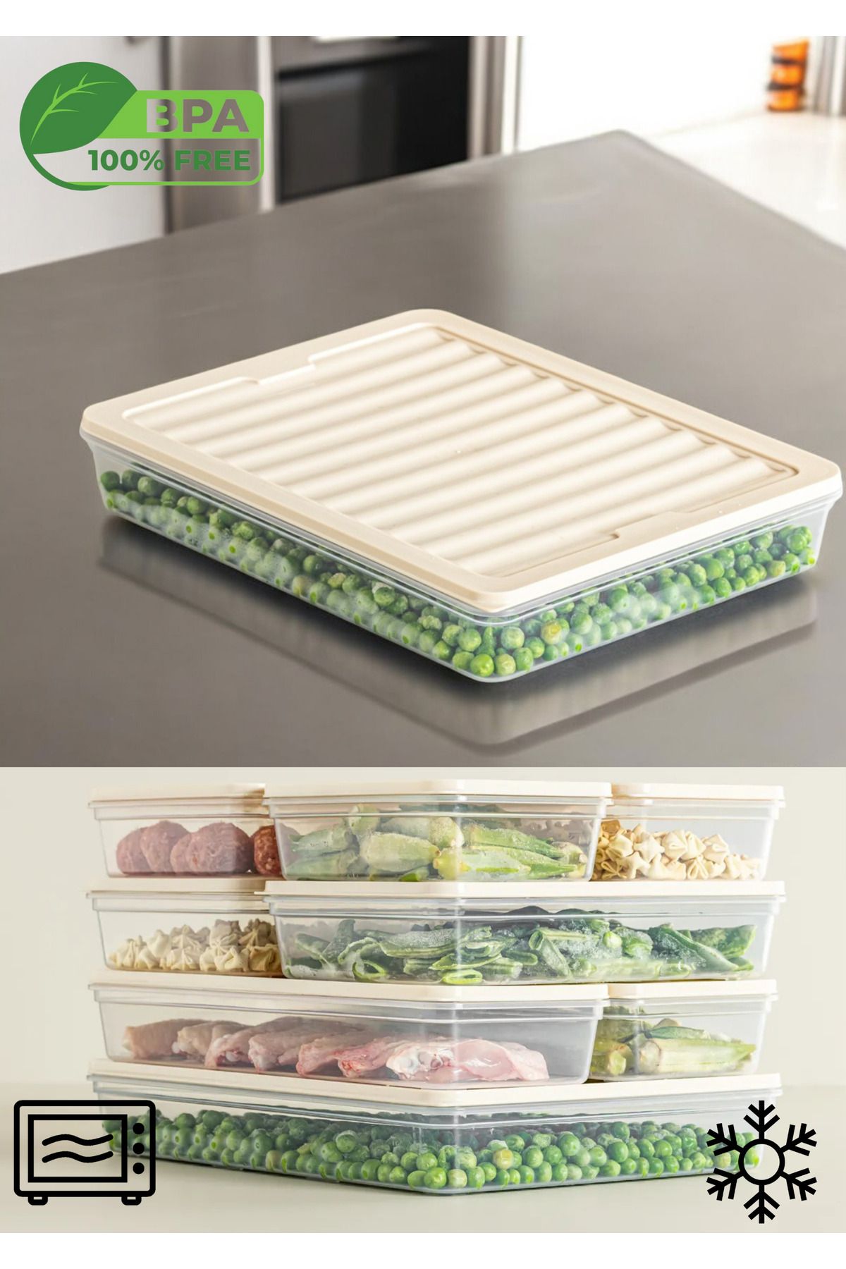 Flash Bazaar-4-Piece Refrigerator Organizer - Microwave and Freeze Storage Container, Cream Lid, 4X2400Ml 2