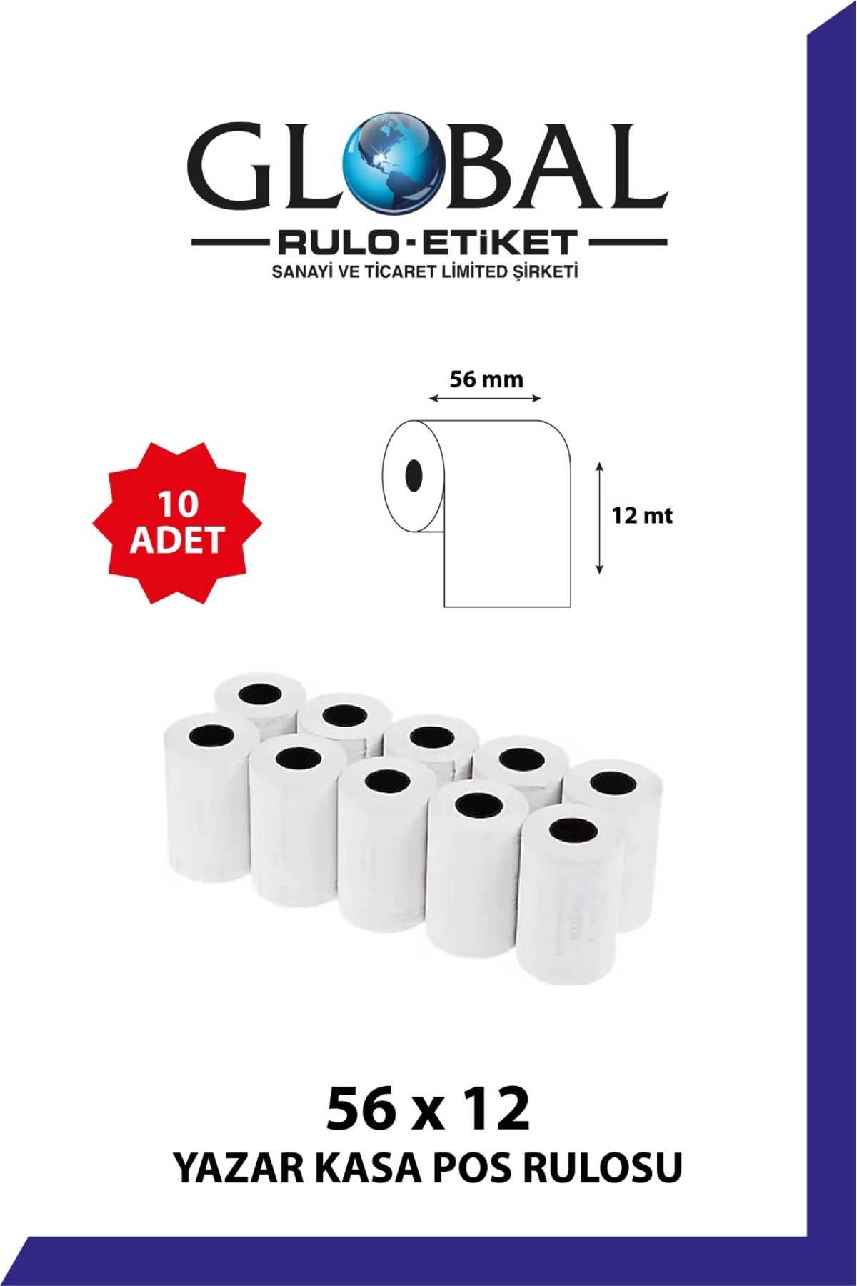 Global Rulo Etiket-أسطوانة حرارية من GLOBARULO - ماكينة تسجيل المدفوعات النقدية مقاس 56 × 12، أسطوانة نقاط البيع، عبوة واحدة مكونة من 10 قطع 1